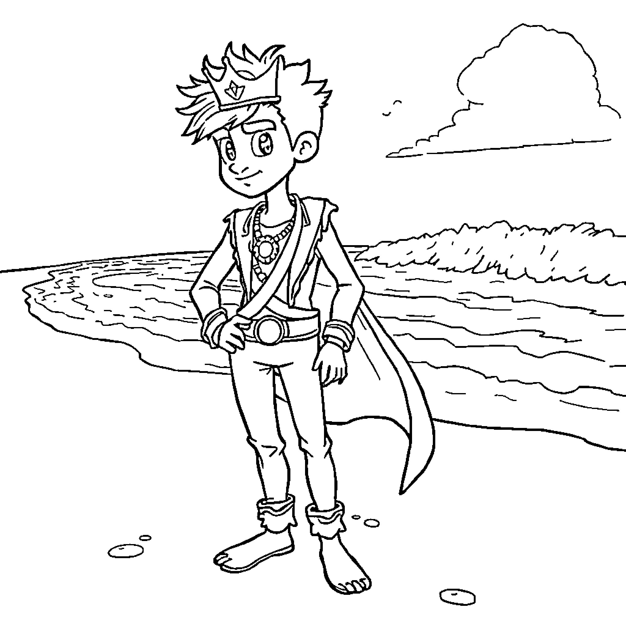 Prince exploring the coastal landscape Coloring Page (free black-and-white line drawing printable PDF for all, from beginners to advanced learners, including children, teens, adults, and seniors)