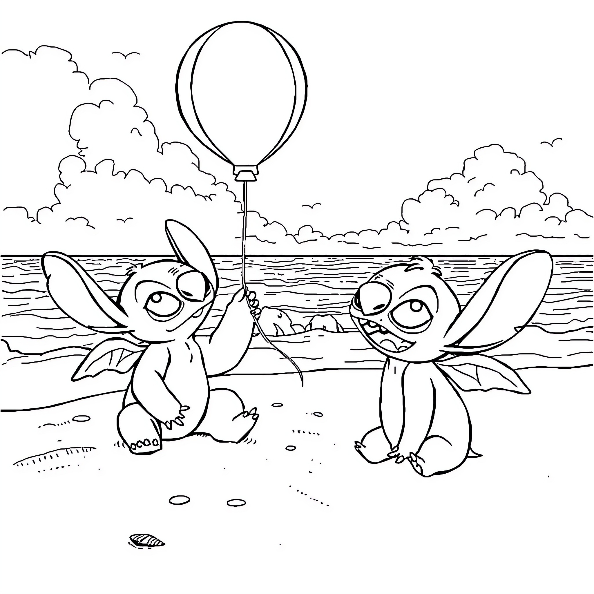 Stitch and Experiment 626 play on the beach Coloring Page (free black-and-white line drawing printable PDF for all, from beginners to advanced learners, including children, teens, adults, and seniors)