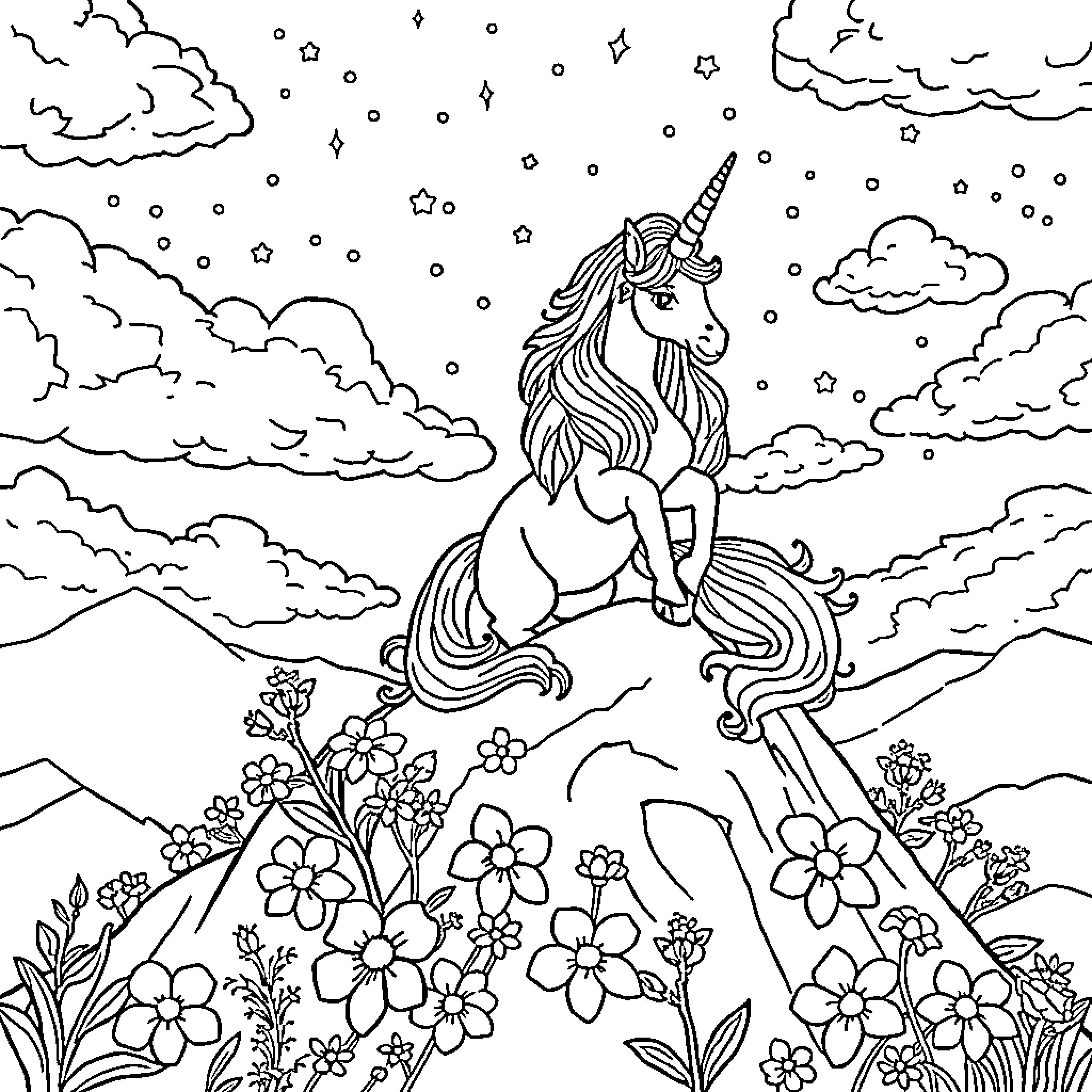 Unicorn admiring the starry night sky Coloring Page (free black-and-white line drawing printable PDF for all, from beginners to advanced learners, including children, teens, adults, and seniors)