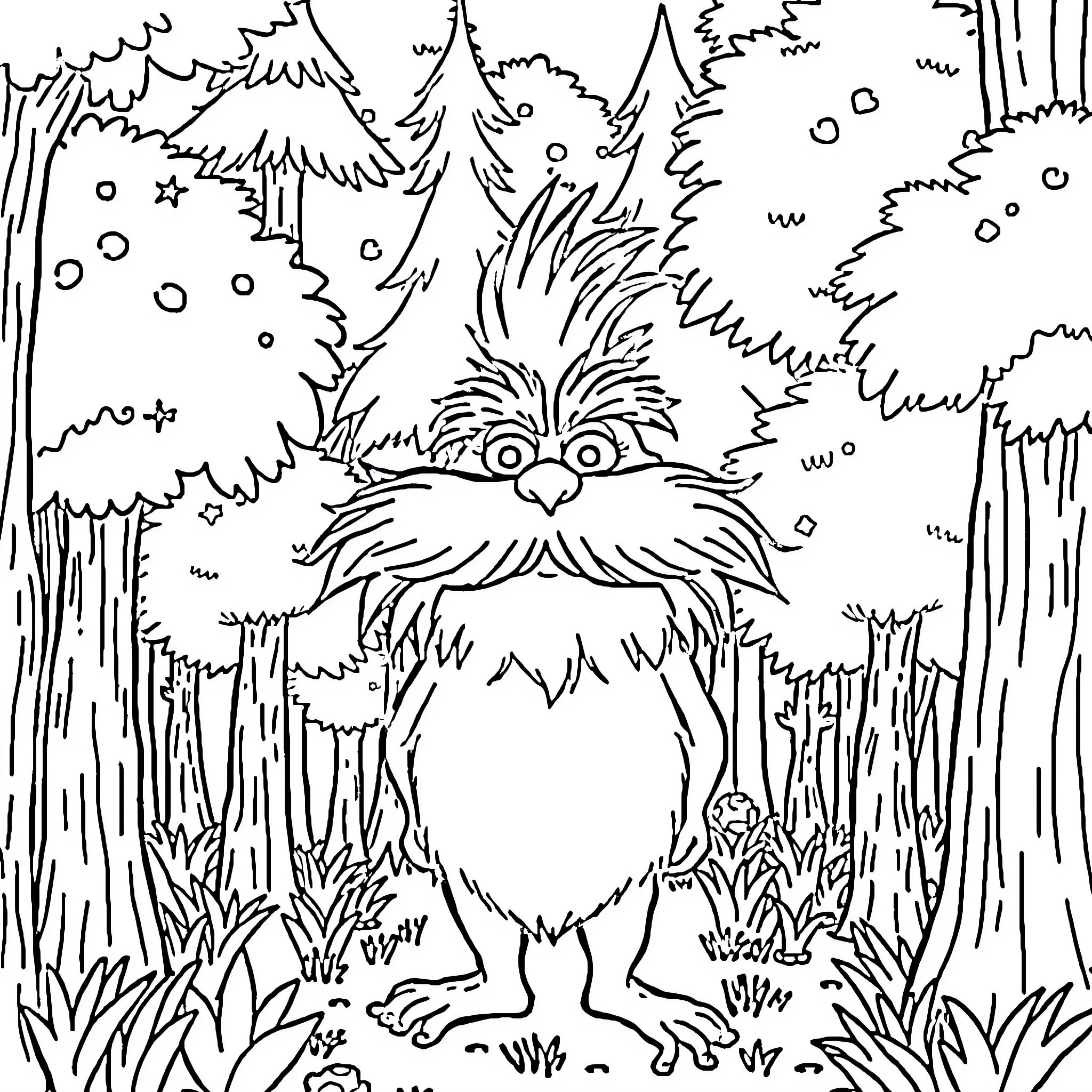 Lorax standing in a snowy forest landscape Coloring Page (free black-and-white line drawing printable PDF for all, from beginners to advanced learners, including children, teens, adults, and seniors)