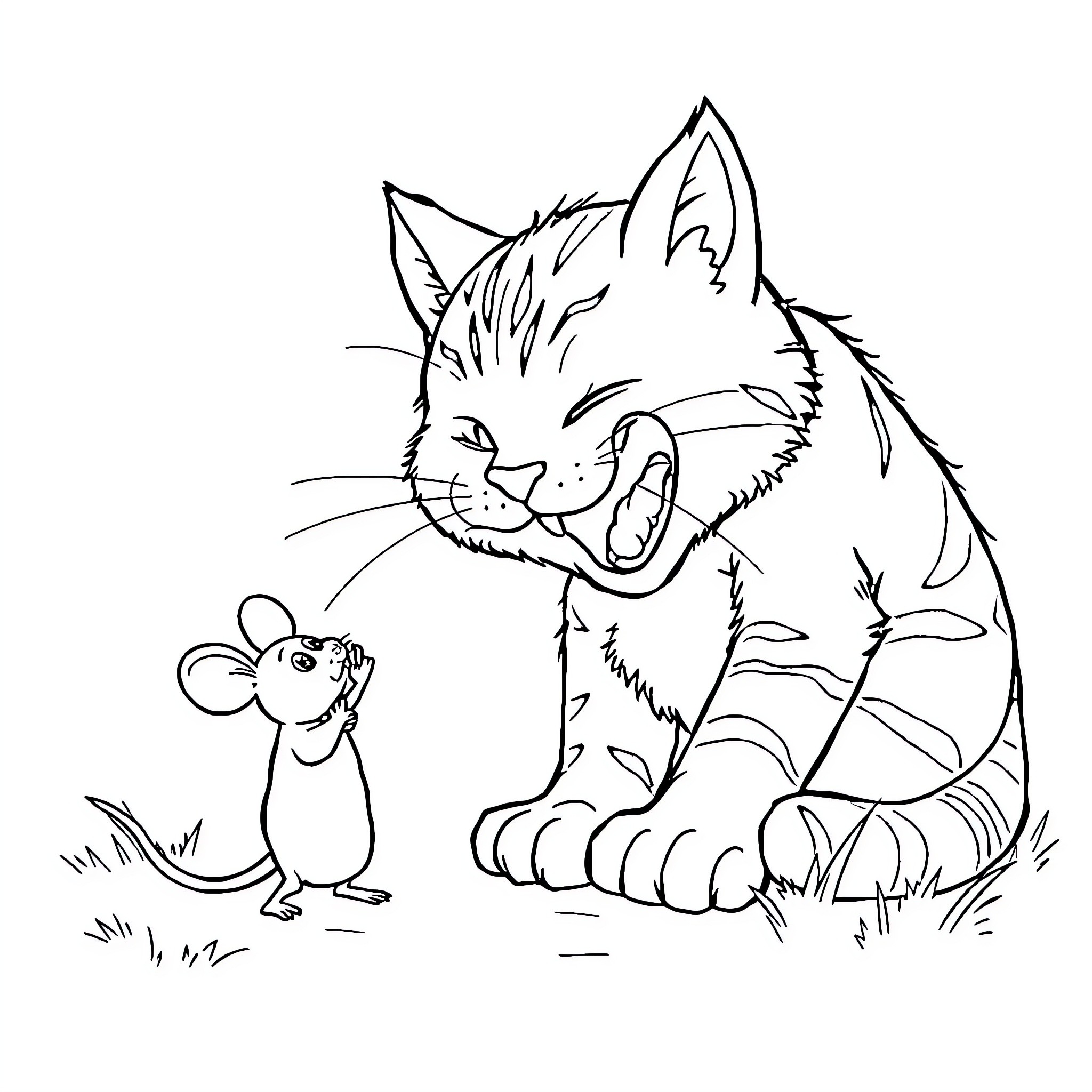 Mouse caught by playful cat Coloring Page (free black-and-white line drawing printable PDF for all, from beginners to advanced learners, including children, teens, adults, and seniors)