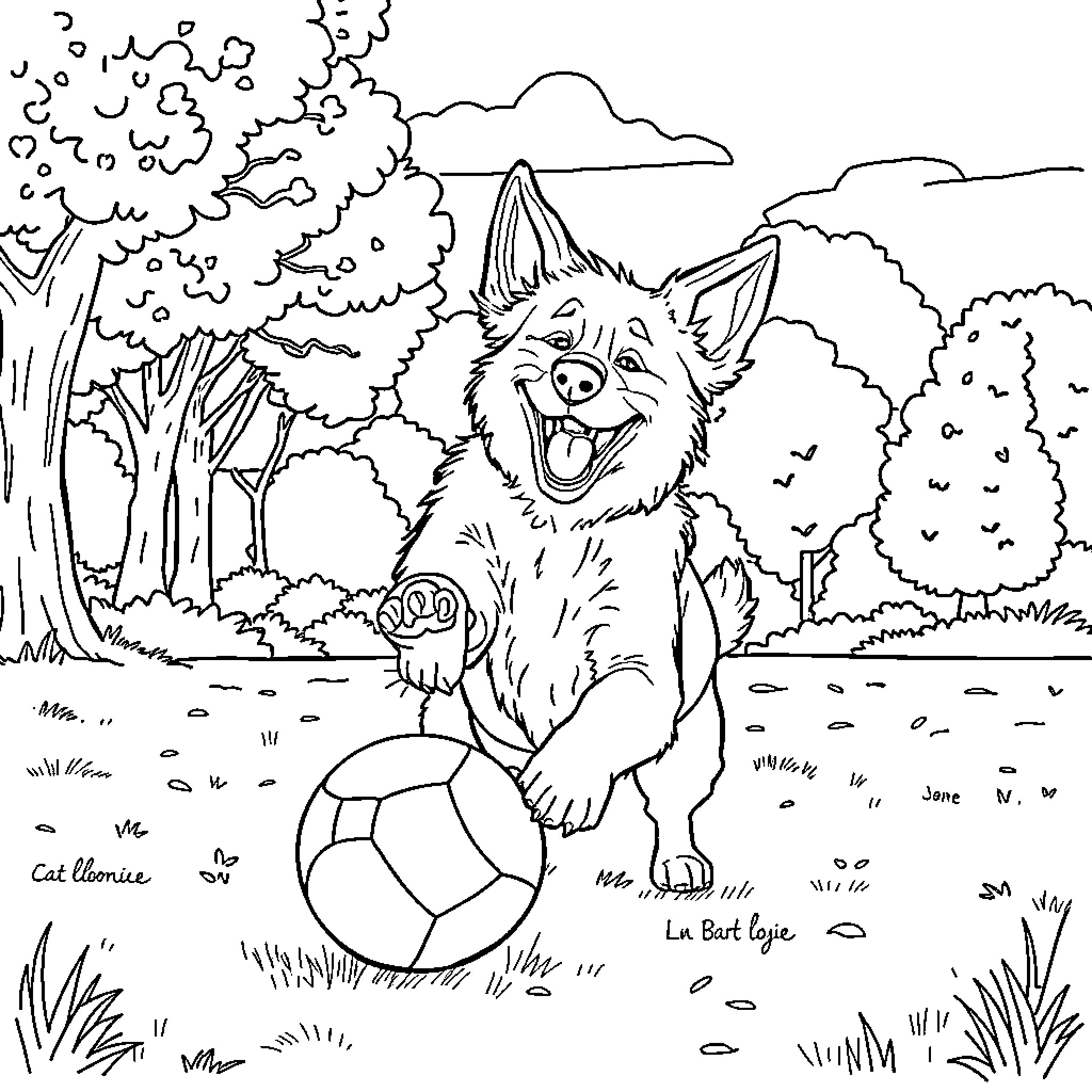 Dog playing with soccer ball in the park Coloring Page (free black-and-white line drawing printable PDF for all, from beginners to advanced learners, including children, teens, adults, and seniors)
