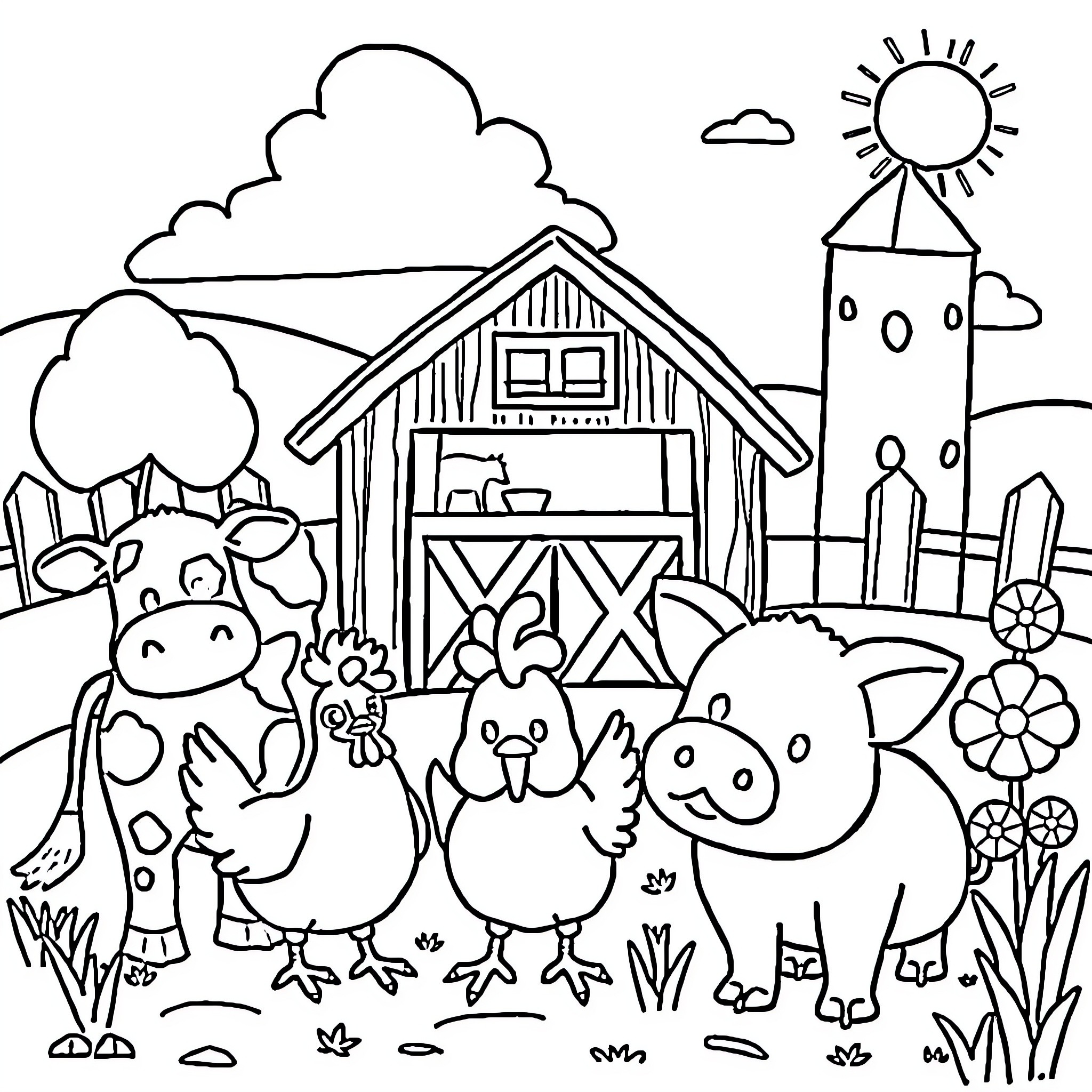 Farm animals playing happily in the countryside Coloring Page (free black-and-white line drawing printable PDF for all, from beginners to advanced learners, including children, teens, adults, and seniors)