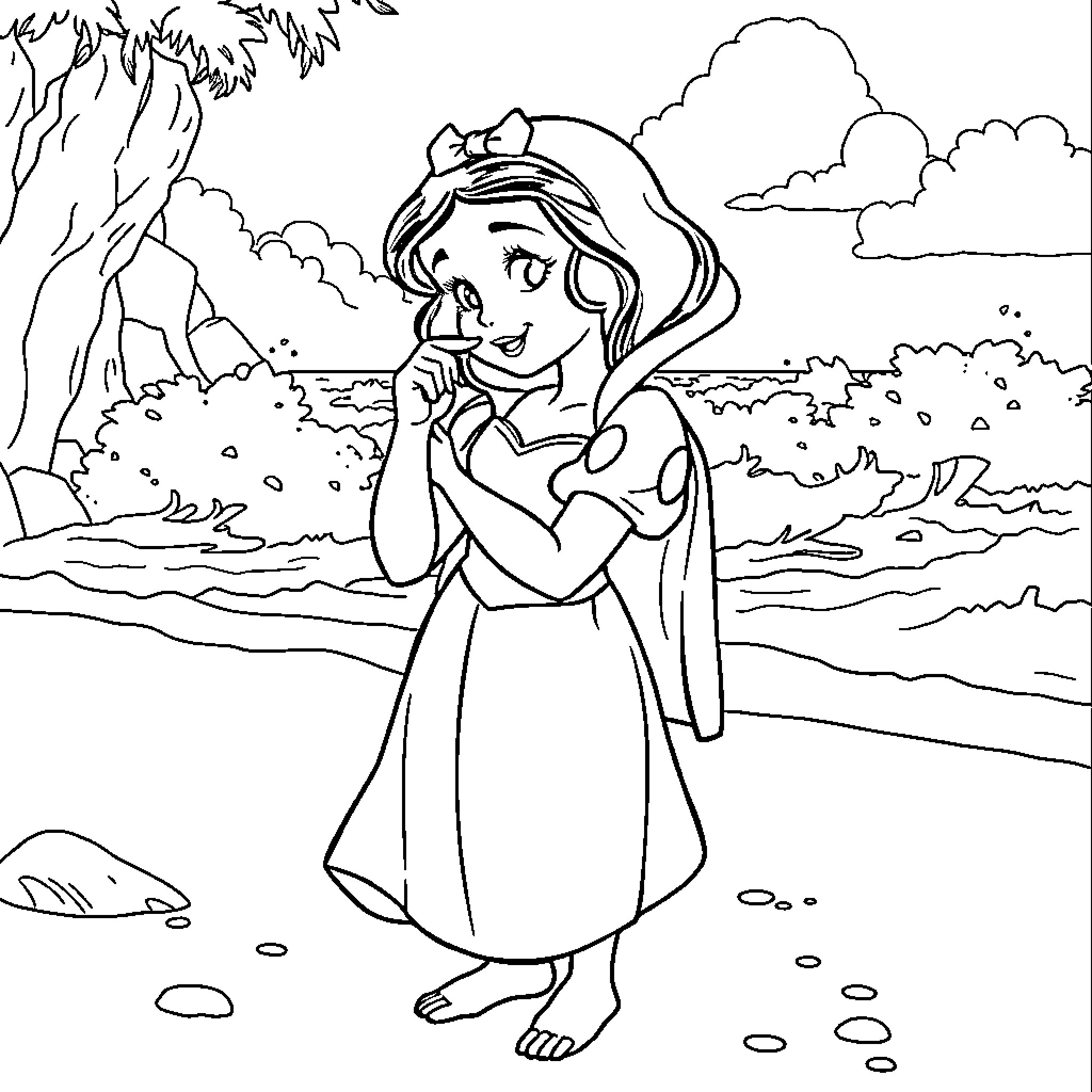 Snow White exploring the enchanted forest Coloring Page (free black-and-white line drawing printable PDF for all, from beginners to advanced learners, including children, teens, adults, and seniors)