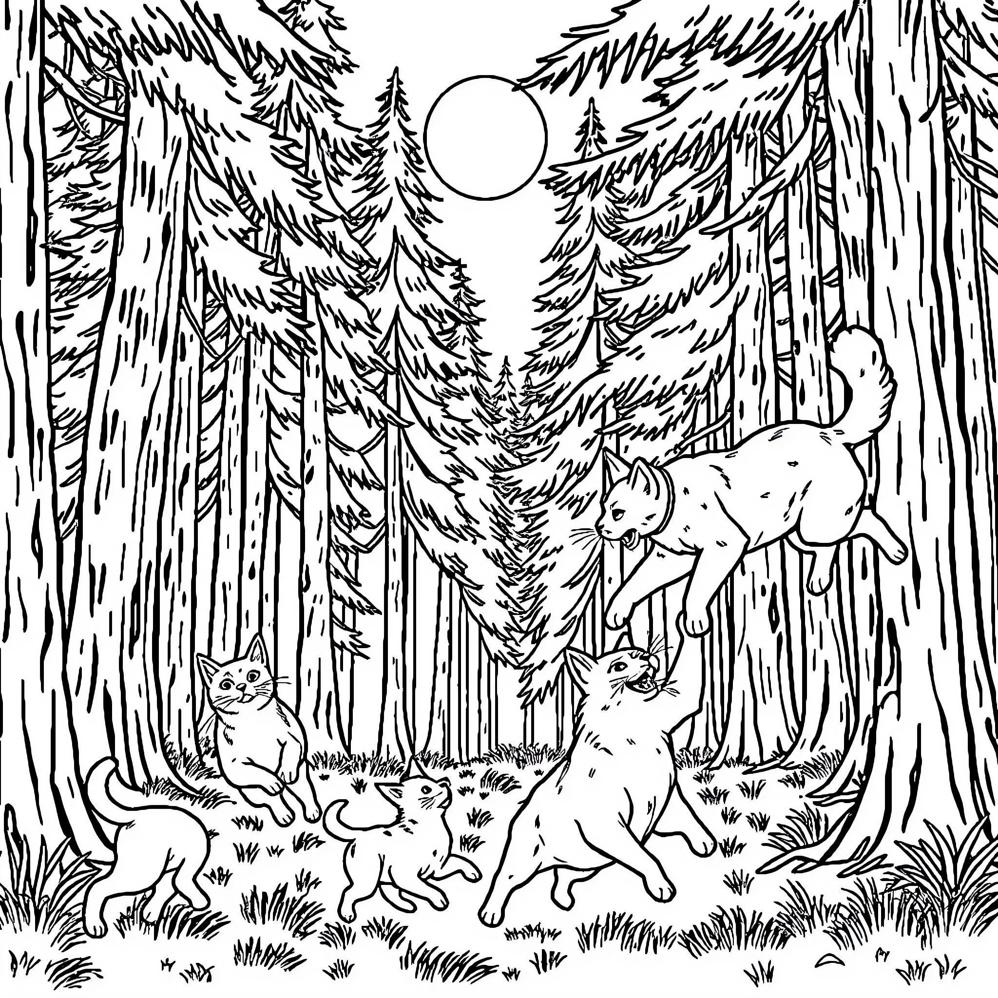 Cat and Kittens Exploring Moonlit Forest Coloring Page (free black-and-white line drawing printable PDF for all, from beginners to advanced learners, including children, teens, adults, and seniors)