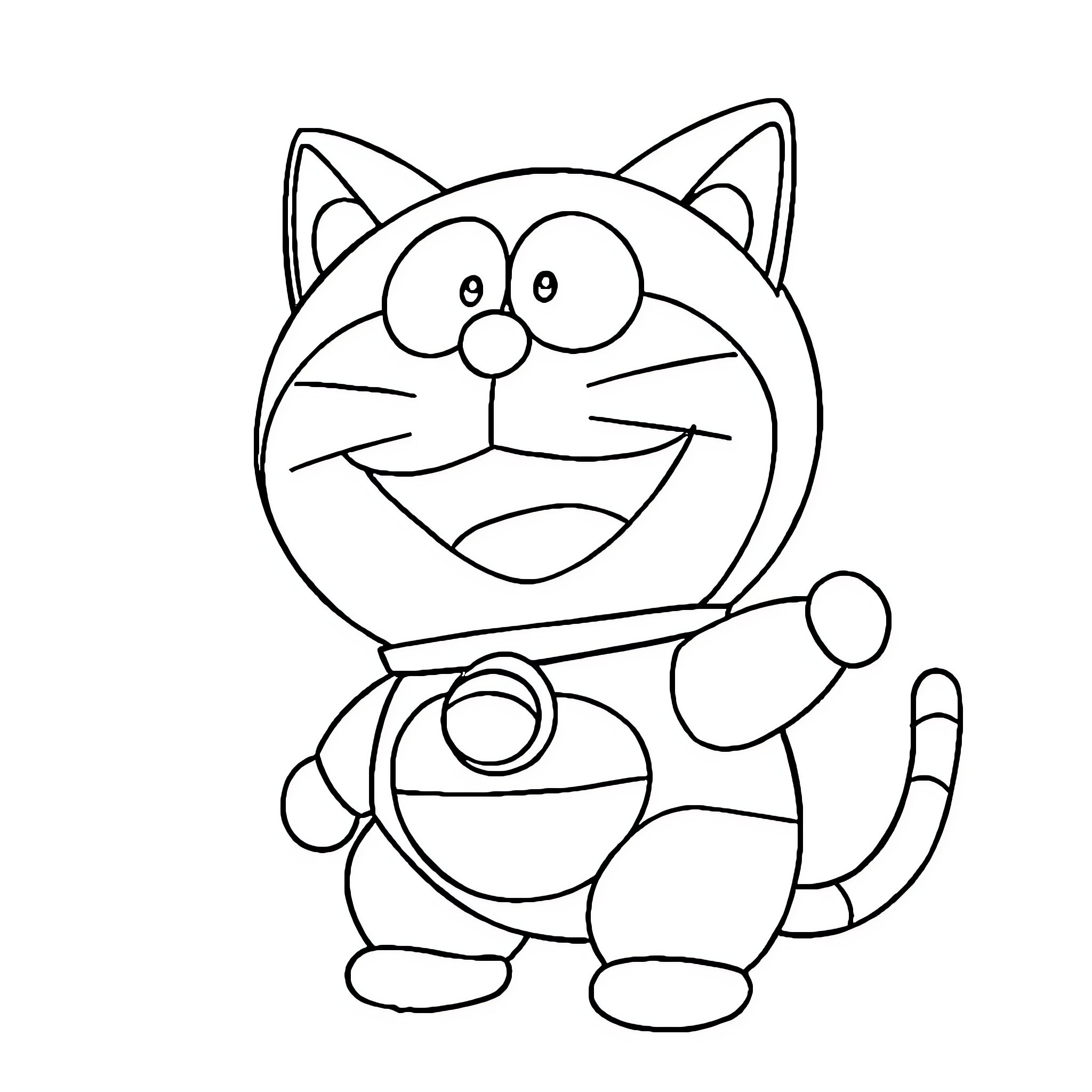 Doraemon the robotic cat playing and smiling Coloring Page (free black-and-white line drawing printable PDF for all, from beginners to advanced learners, including children, teens, adults, and seniors)