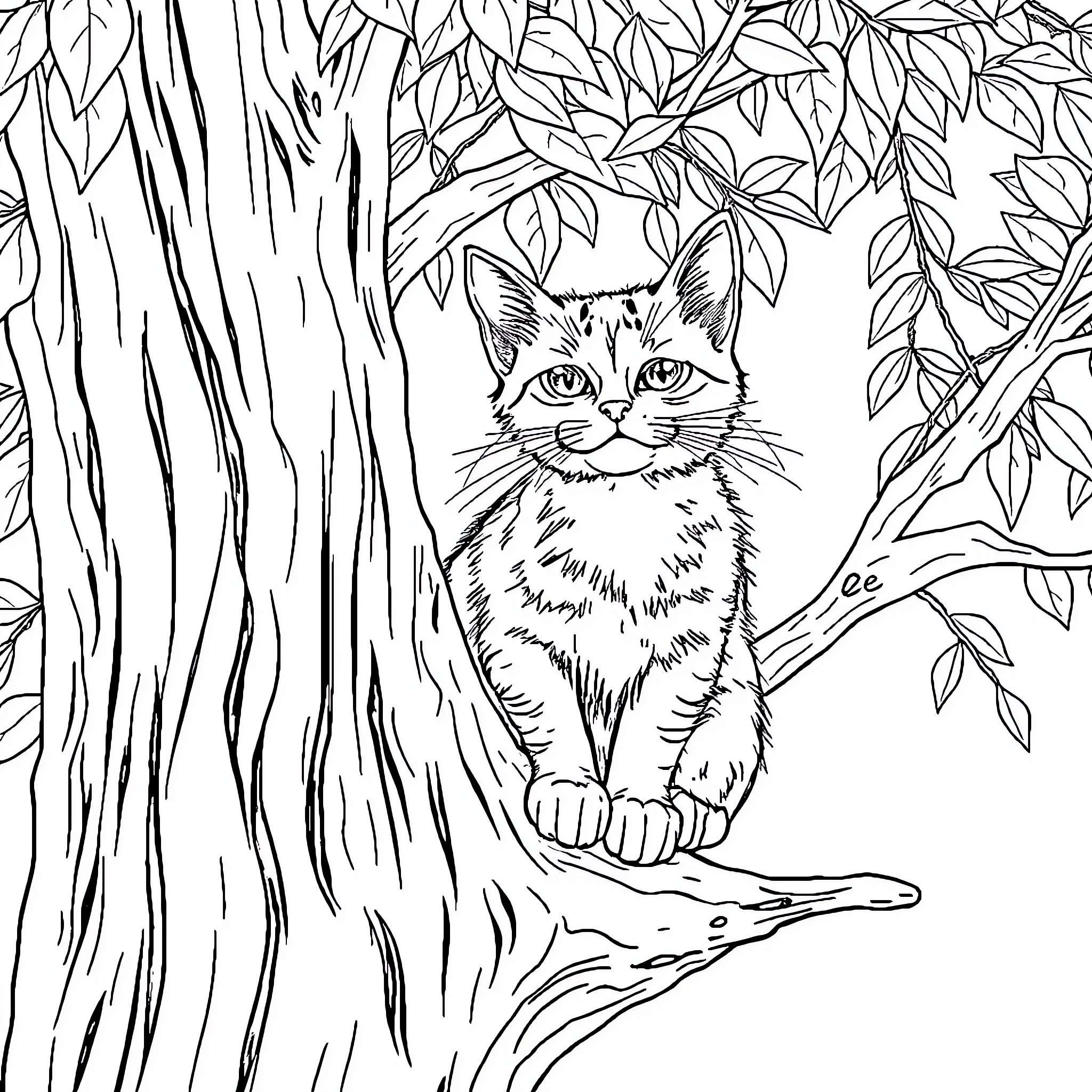 Cat peeking from tree trunk in lush foliage Coloring Page (free black-and-white line drawing printable PDF for all, from beginners to advanced learners, including children, teens, adults, and seniors)