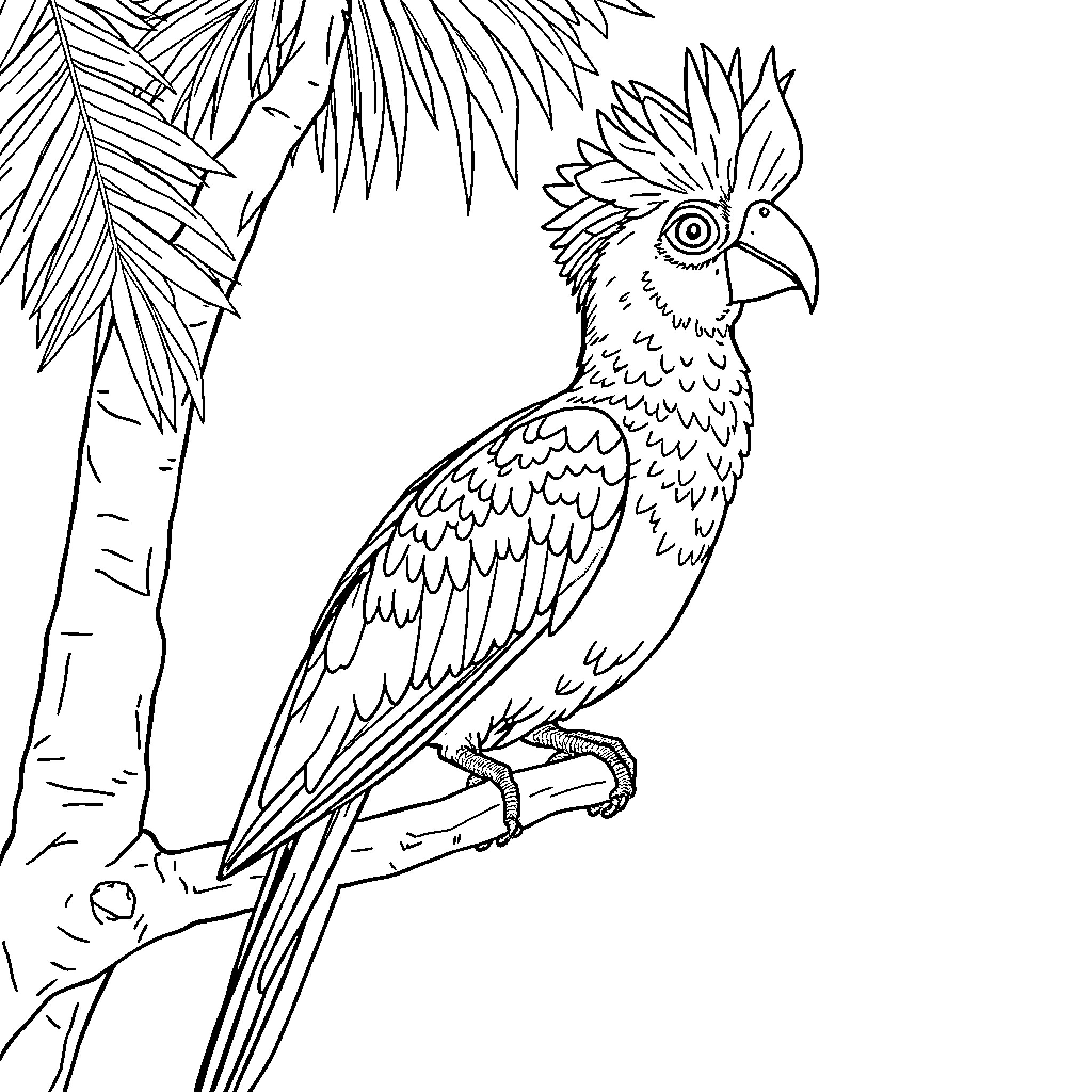 Guacamayo perched on tropical branch Coloring Page (free black-and-white line drawing printable PDF for all, from beginners to advanced learners, including children, teens, adults, and seniors)