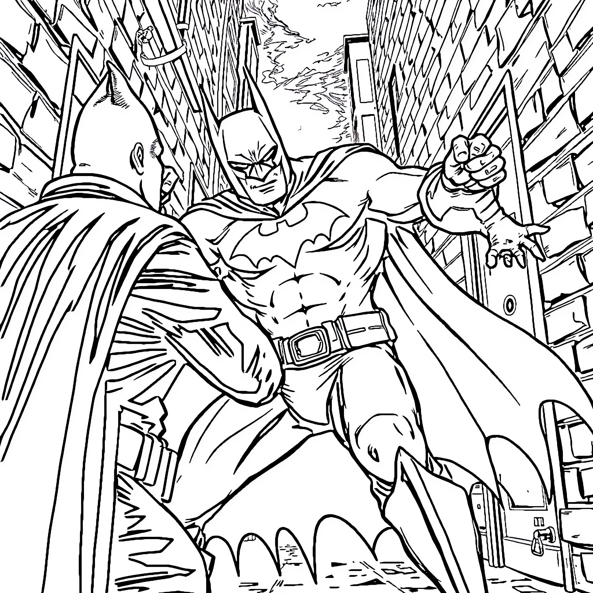 Batman swinging through the city with purpose Coloring Page (free black-and-white line drawing printable PDF for all, from beginners to advanced learners, including children, teens, adults, and seniors)