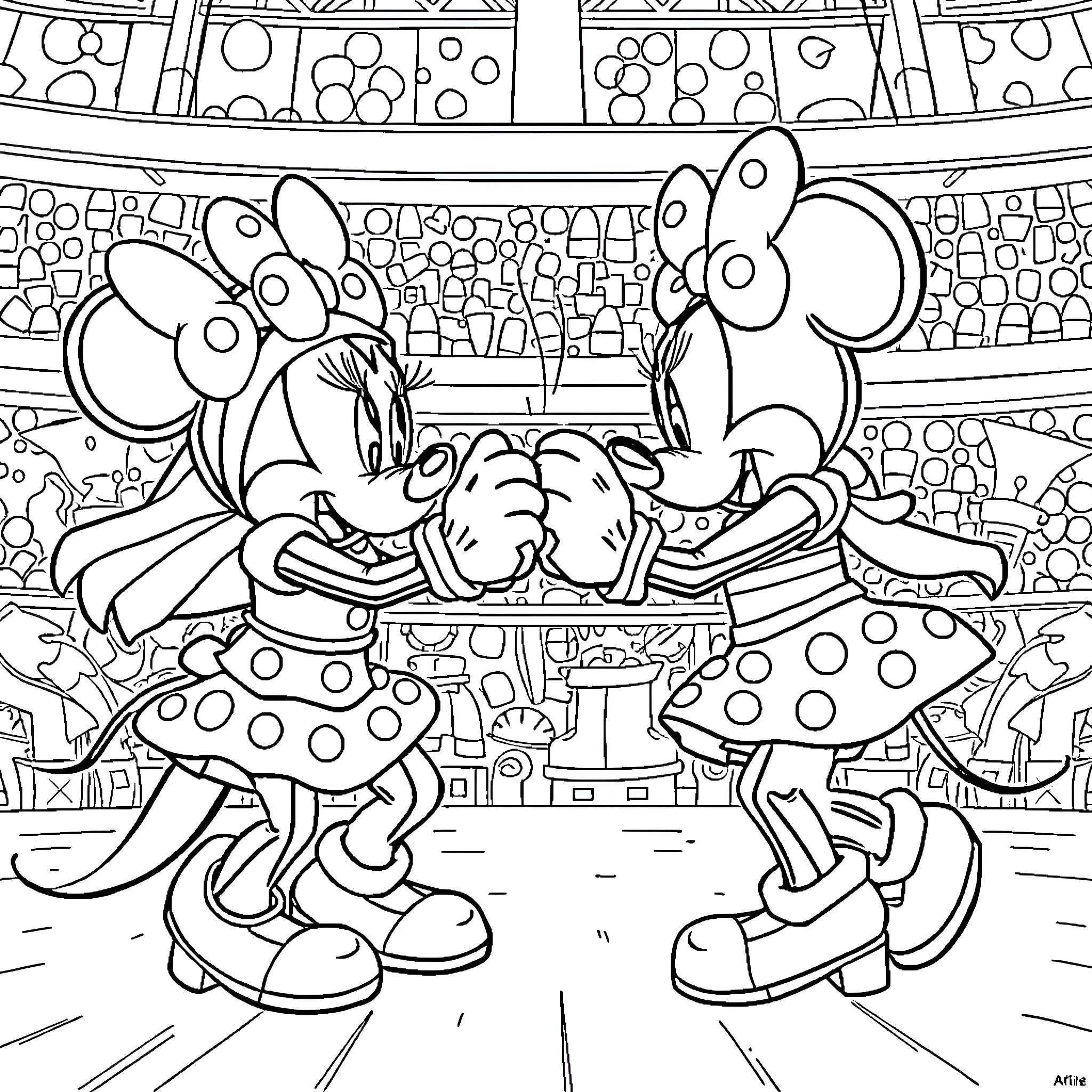 Minnie Mouse and friends in a playful dance Coloring Page (free black-and-white line drawing printable PDF for all, from beginners to advanced learners, including children, teens, adults, and seniors)