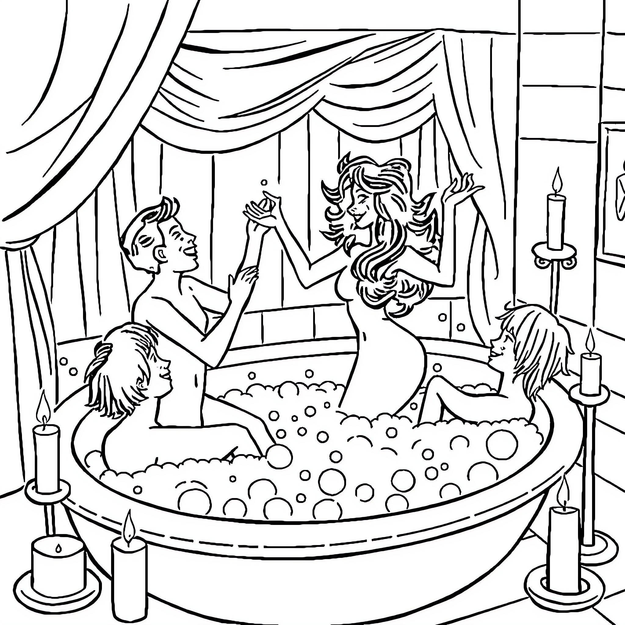Boogie night at the bubbles bath party Coloring Page (free black-and-white line drawing printable PDF for all, from beginners to advanced learners, including children, teens, adults, and seniors)