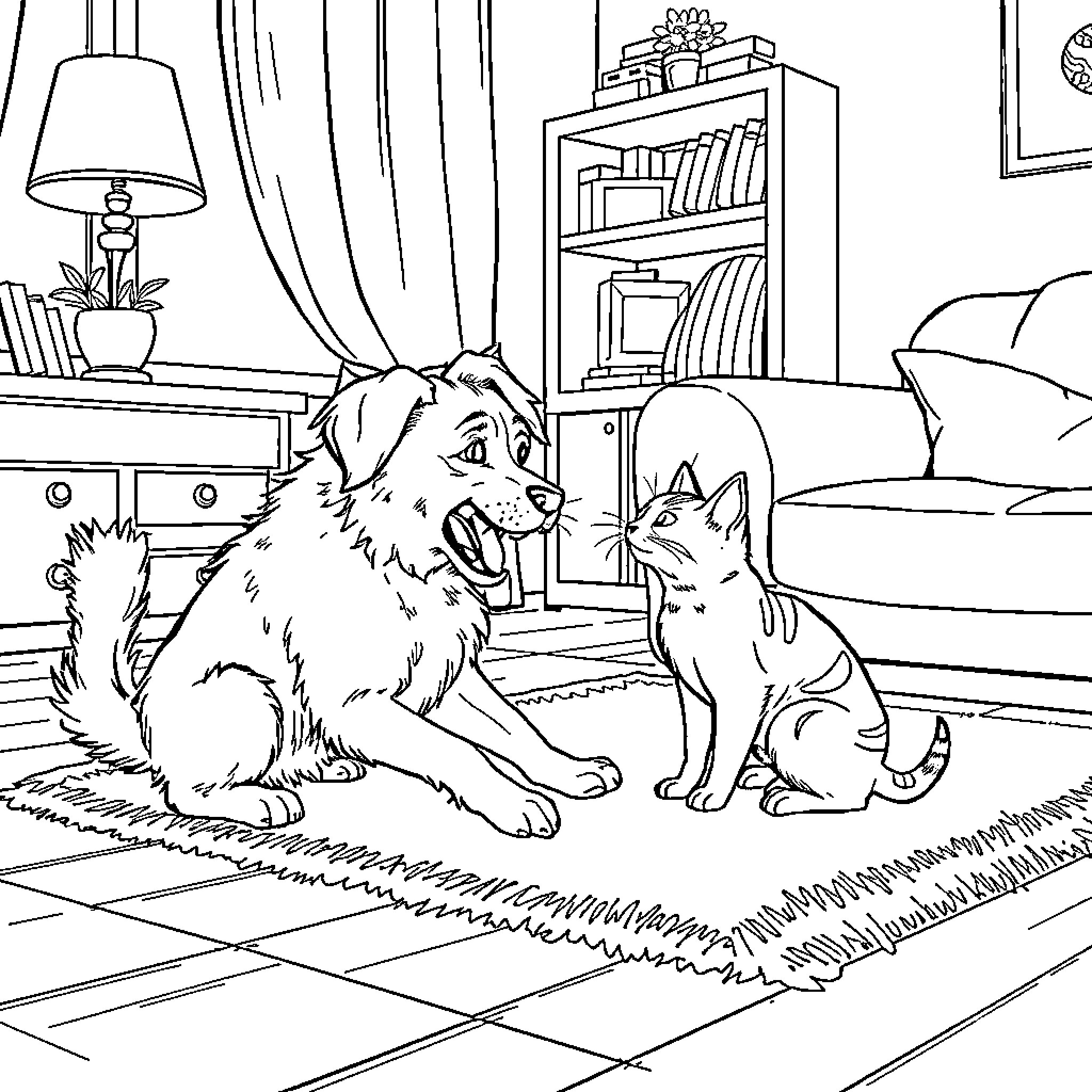 Dog and cat resting in cozy home setting Coloring Page (free black-and-white line drawing printable PDF for all, from beginners to advanced learners, including children, teens, adults, and seniors)