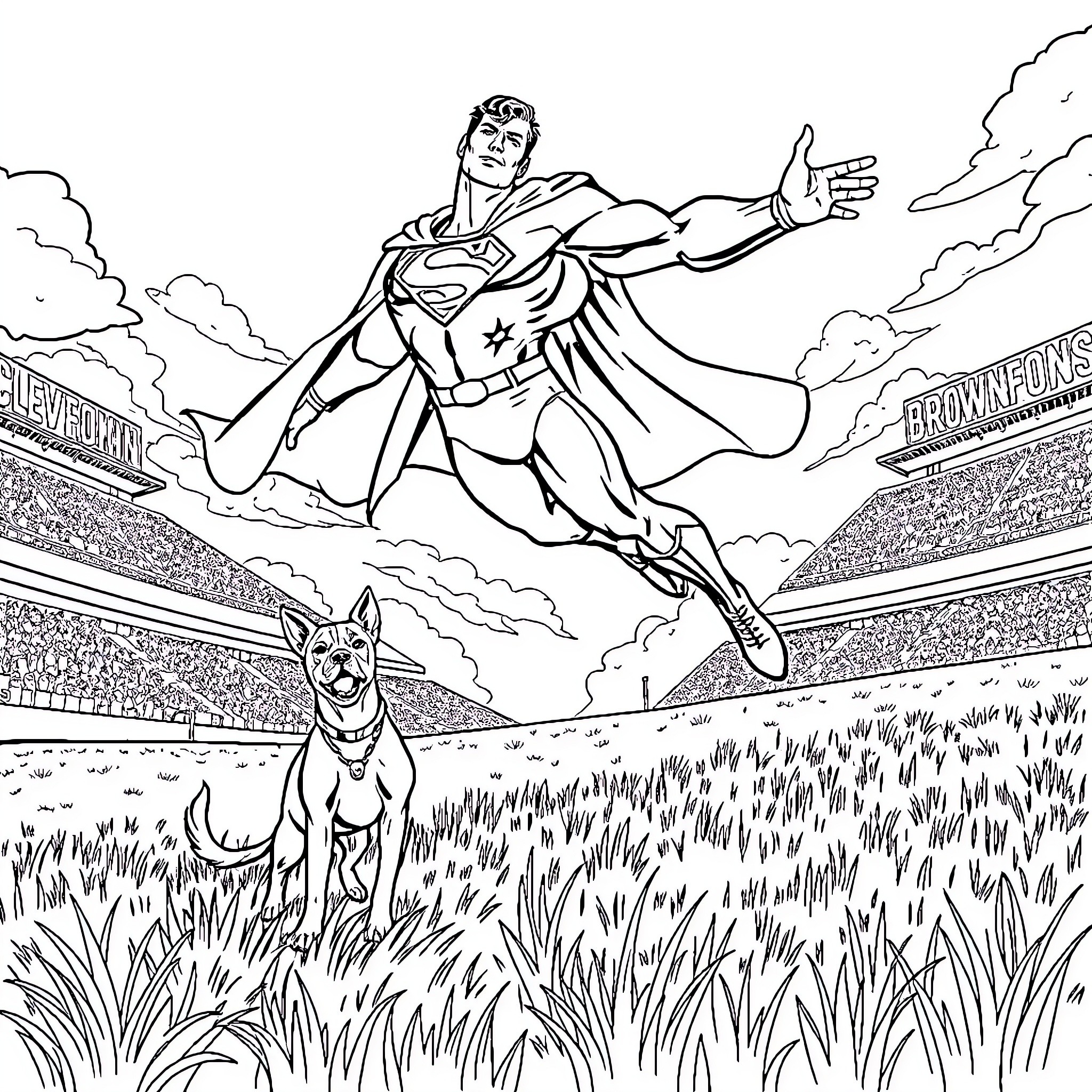 Superman soaring heroically over a stadium Coloring Page (free black-and-white line drawing printable PDF for all, from beginners to advanced learners, including children, teens, adults, and seniors)