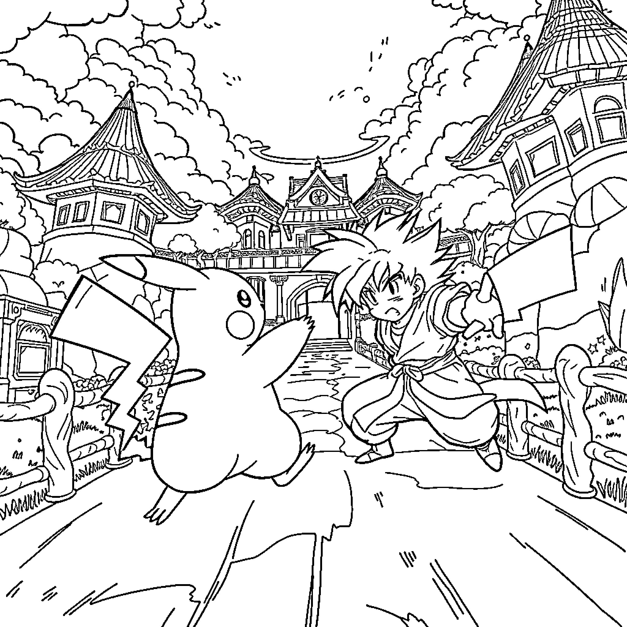Pikachu exploring a fantastical city landscape Coloring Page (free black-and-white line drawing printable PDF for all, from beginners to advanced learners, including children, teens, adults, and seniors)