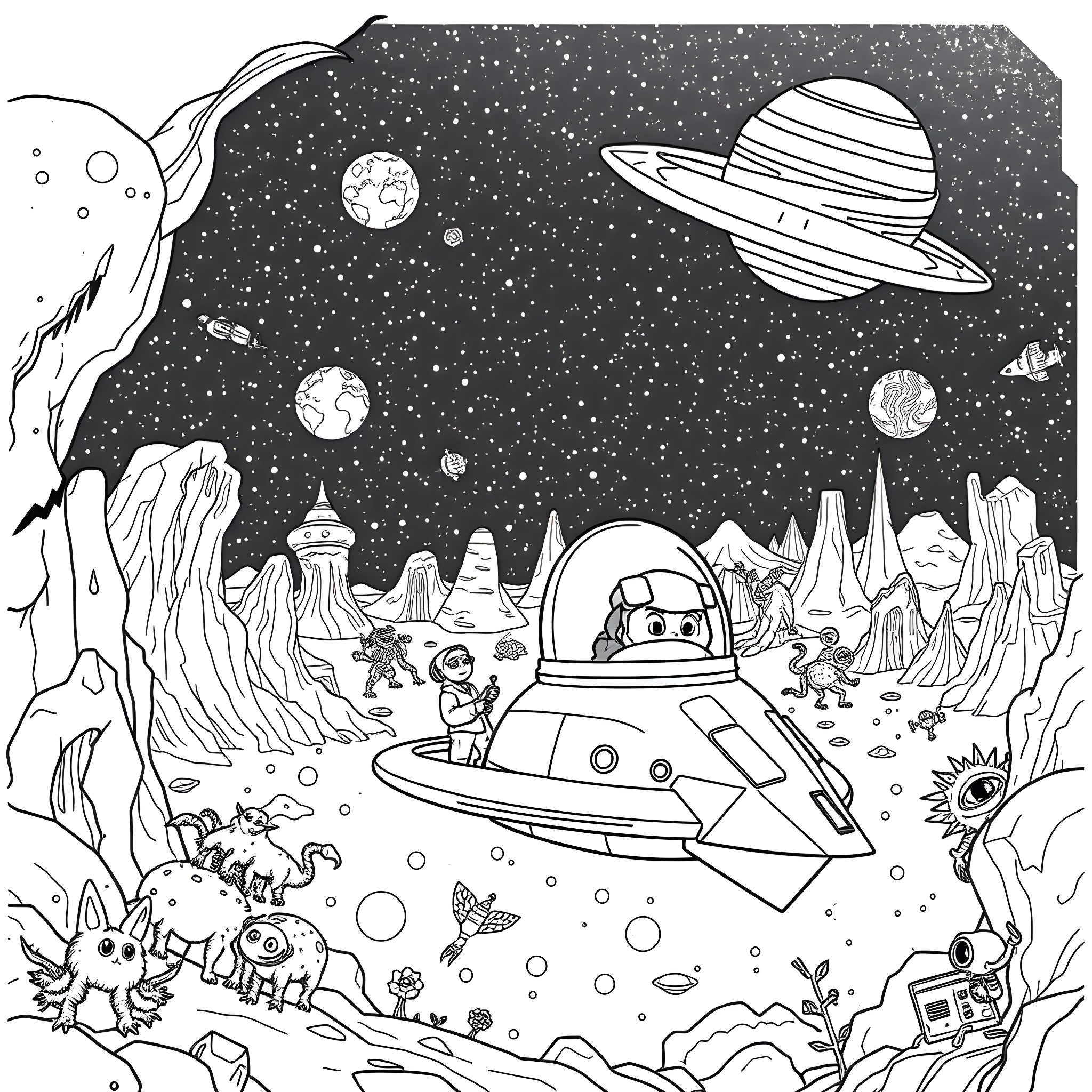 Dandy characters exploring the alien landscape Coloring Page (free black-and-white line drawing printable PDF for all, from beginners to advanced learners, including children, teens, adults, and seniors)