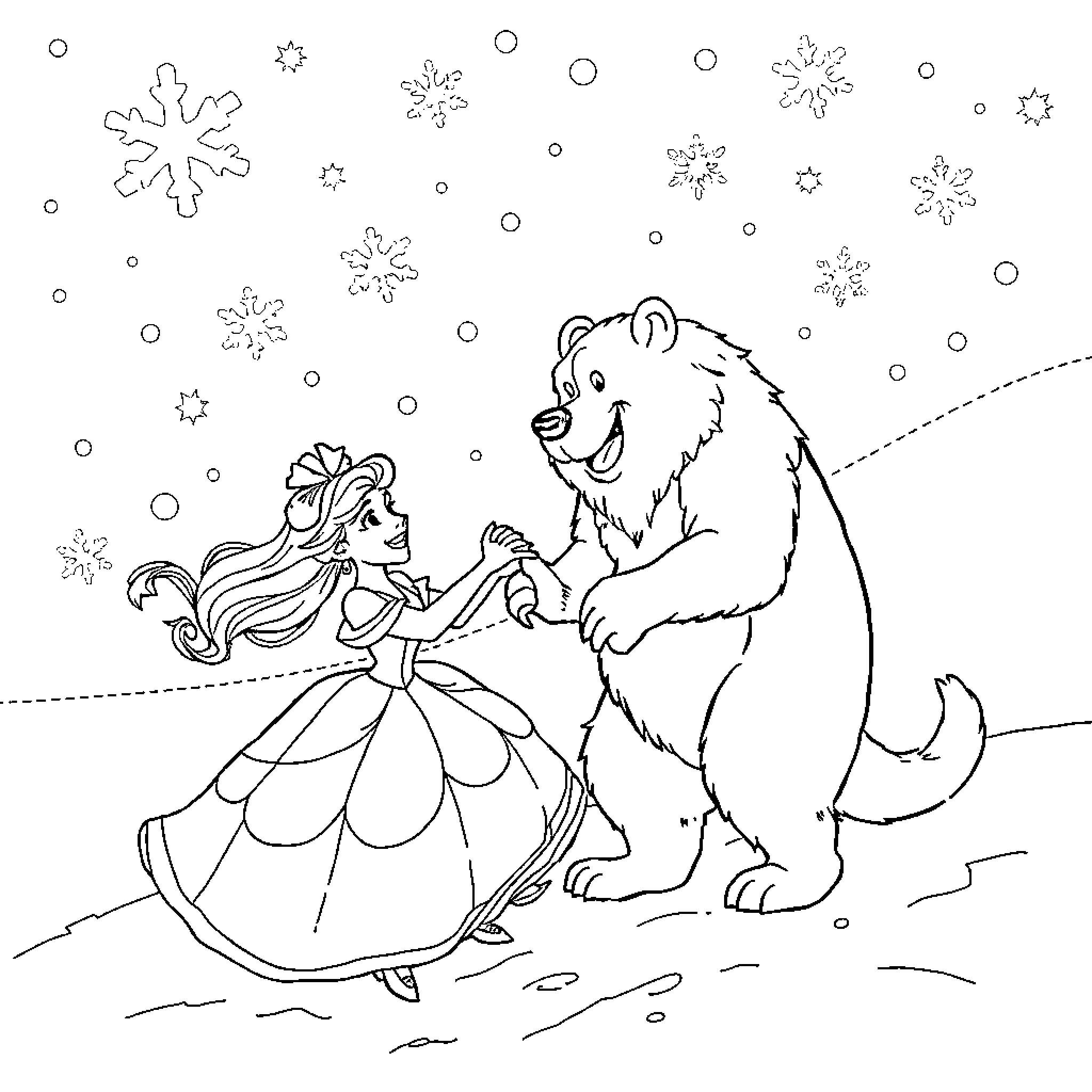 Beauty And The Beast Playing in the Snow Coloring Page (free black-and-white line drawing printable PDF for all, from beginners to advanced learners, including children, teens, adults, and seniors)