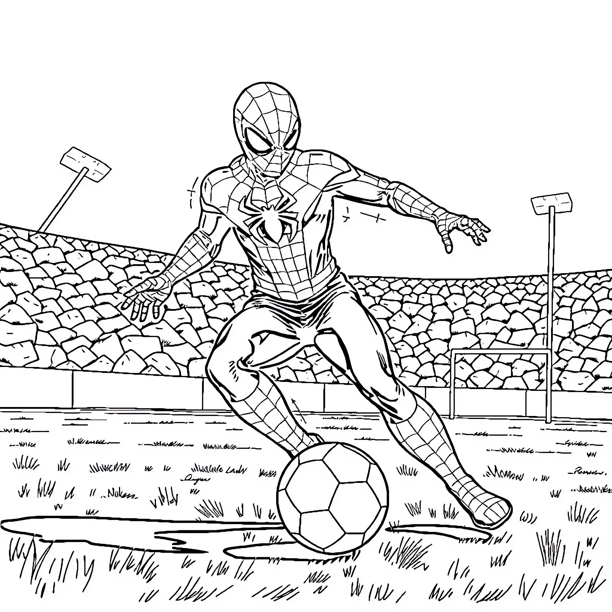 Spiderman playing soccer on a field Coloring Page (free black-and-white line drawing printable PDF for all, from beginners to advanced learners, including children, teens, adults, and seniors)