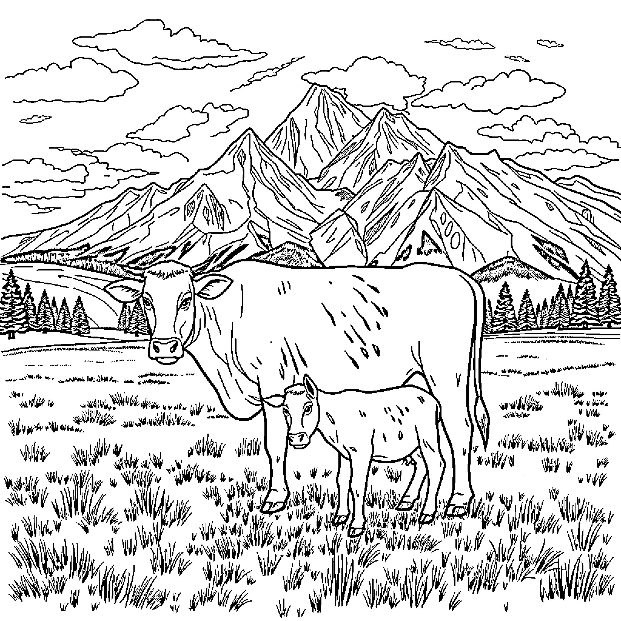 Cow and calf grazing in a mountain landscape Coloring Page (free black-and-white line drawing printable PDF for all, from beginners to advanced learners, including children, teens, adults, and seniors)