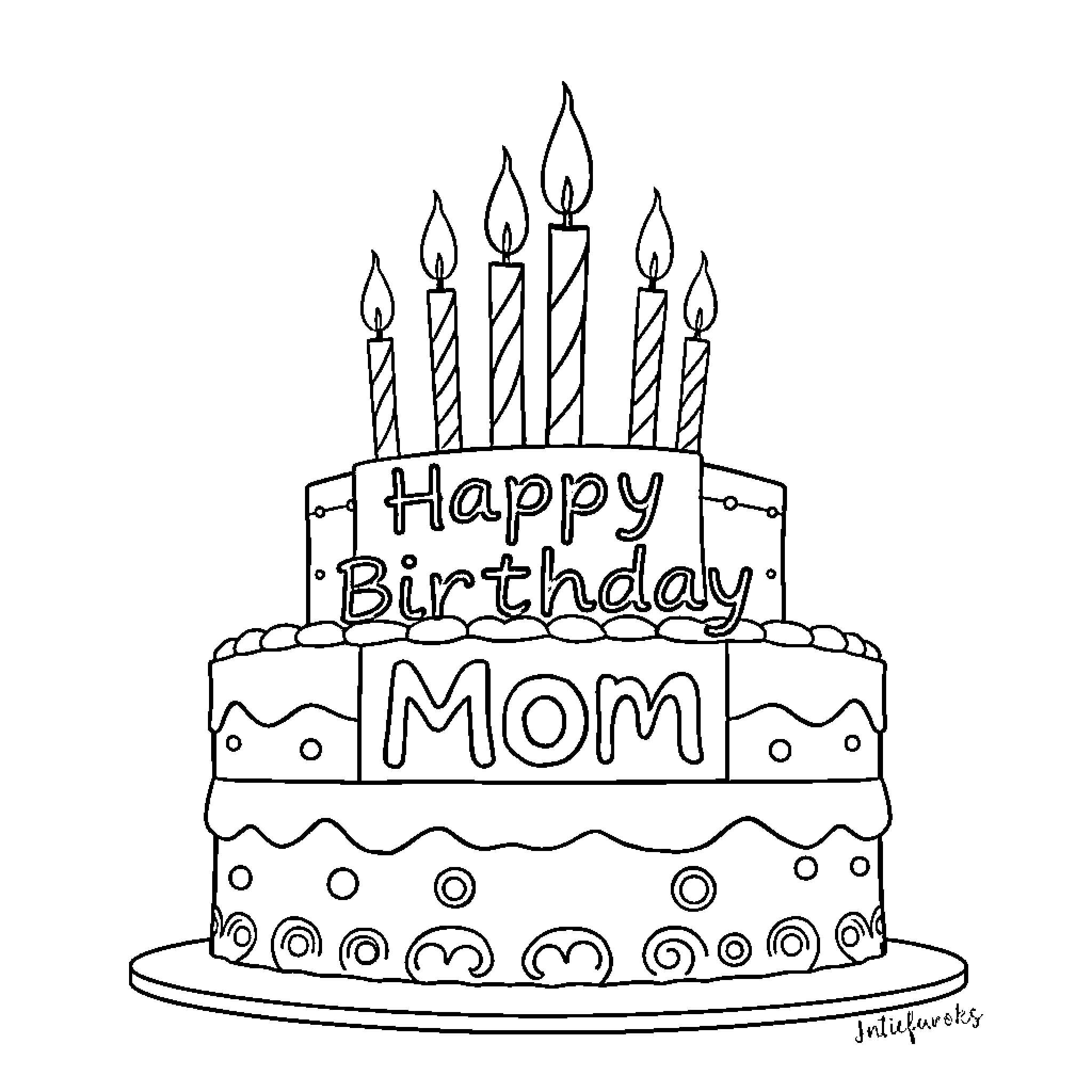 Birthday Cake Celebrating Mom's Special Day Coloring Page (free black-and-white line drawing printable PDF for all, from beginners to advanced learners, including children, teens, adults, and seniors)