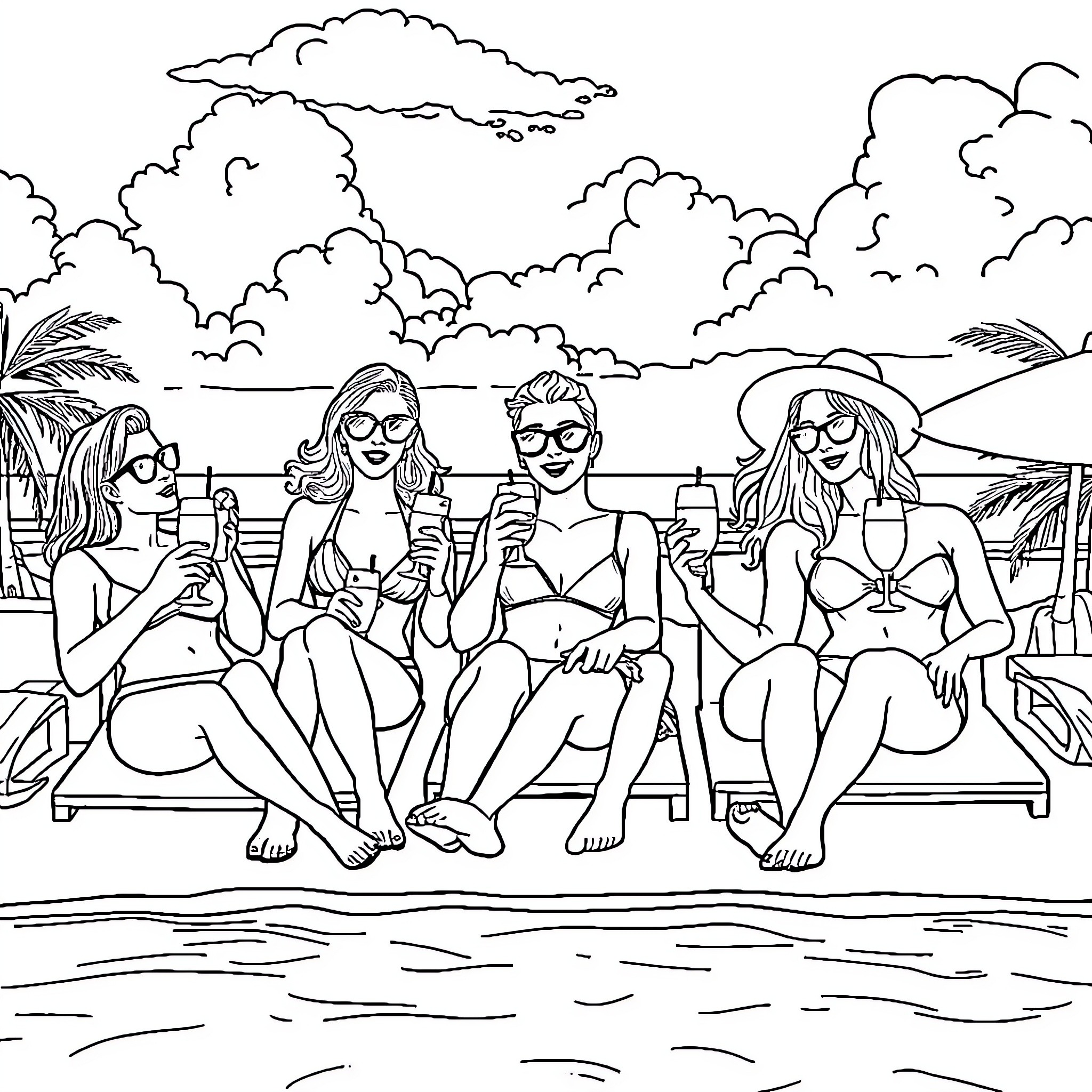 Aristocratic Women Enjoying Summer Beachside Leisure Coloring Page (free black-and-white line drawing printable PDF for all, from beginners to advanced learners, including children, teens, adults, and seniors)