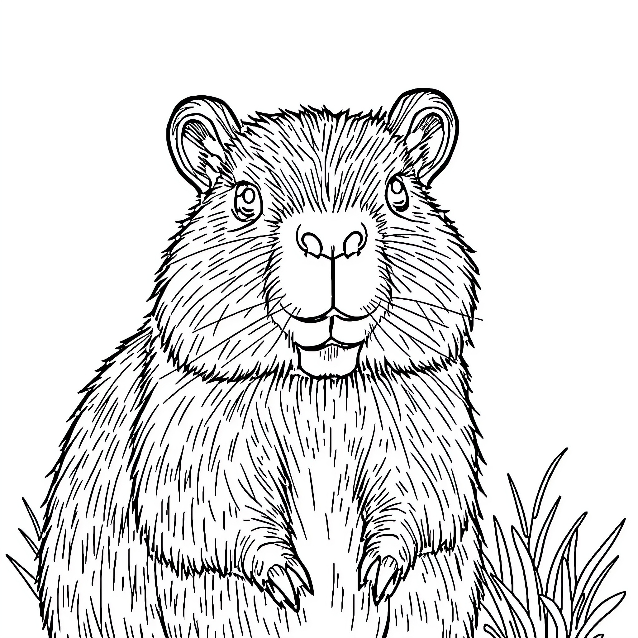 Capybara sitting peacefully in tall grass Coloring Page (free black-and-white line drawing printable PDF for all, from beginners to advanced learners, including children, teens, adults, and seniors)
