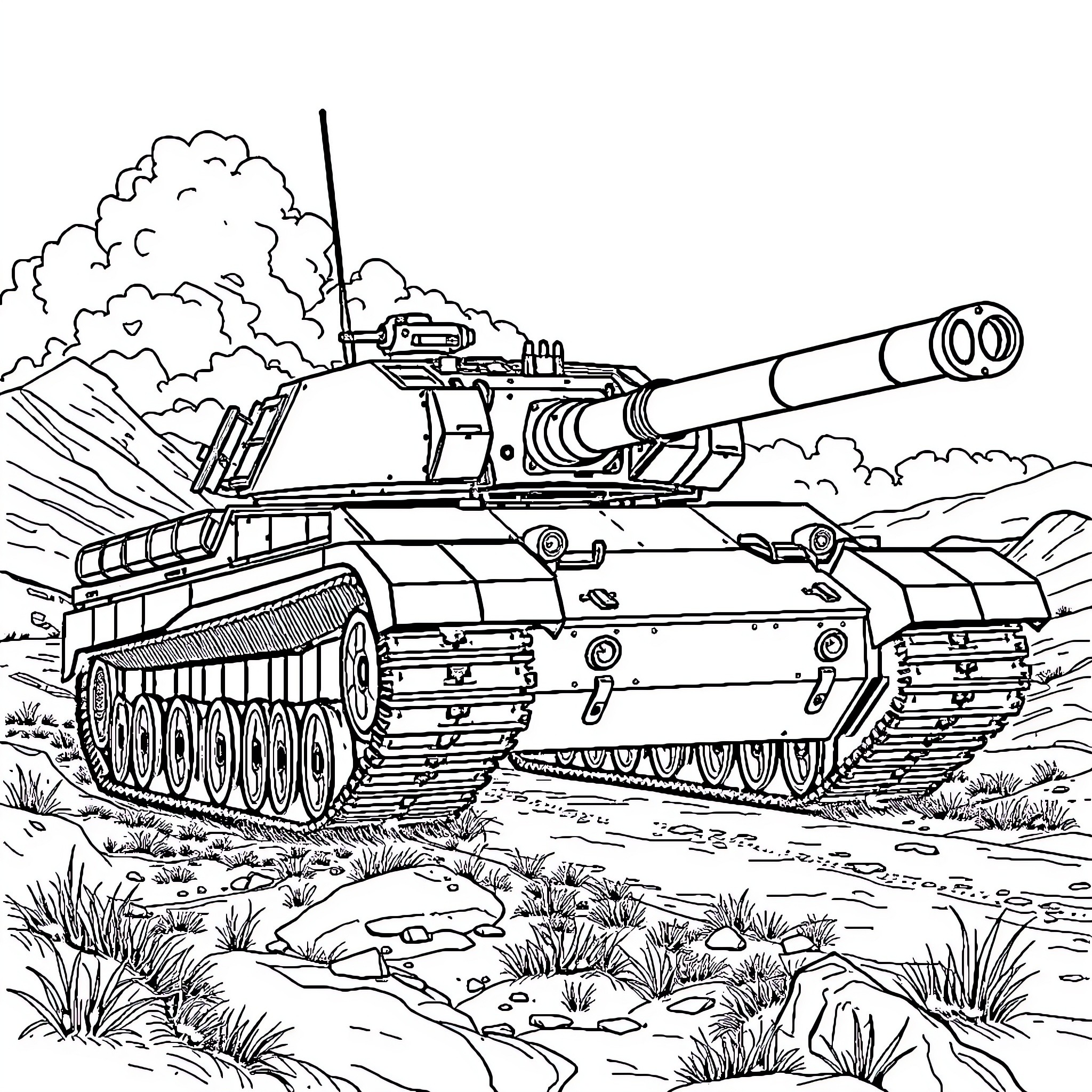 Tank on the Battlefield with Smoke and Landscape Coloring Page (free black-and-white line drawing printable PDF for all, from beginners to advanced learners, including children, teens, adults, and seniors)