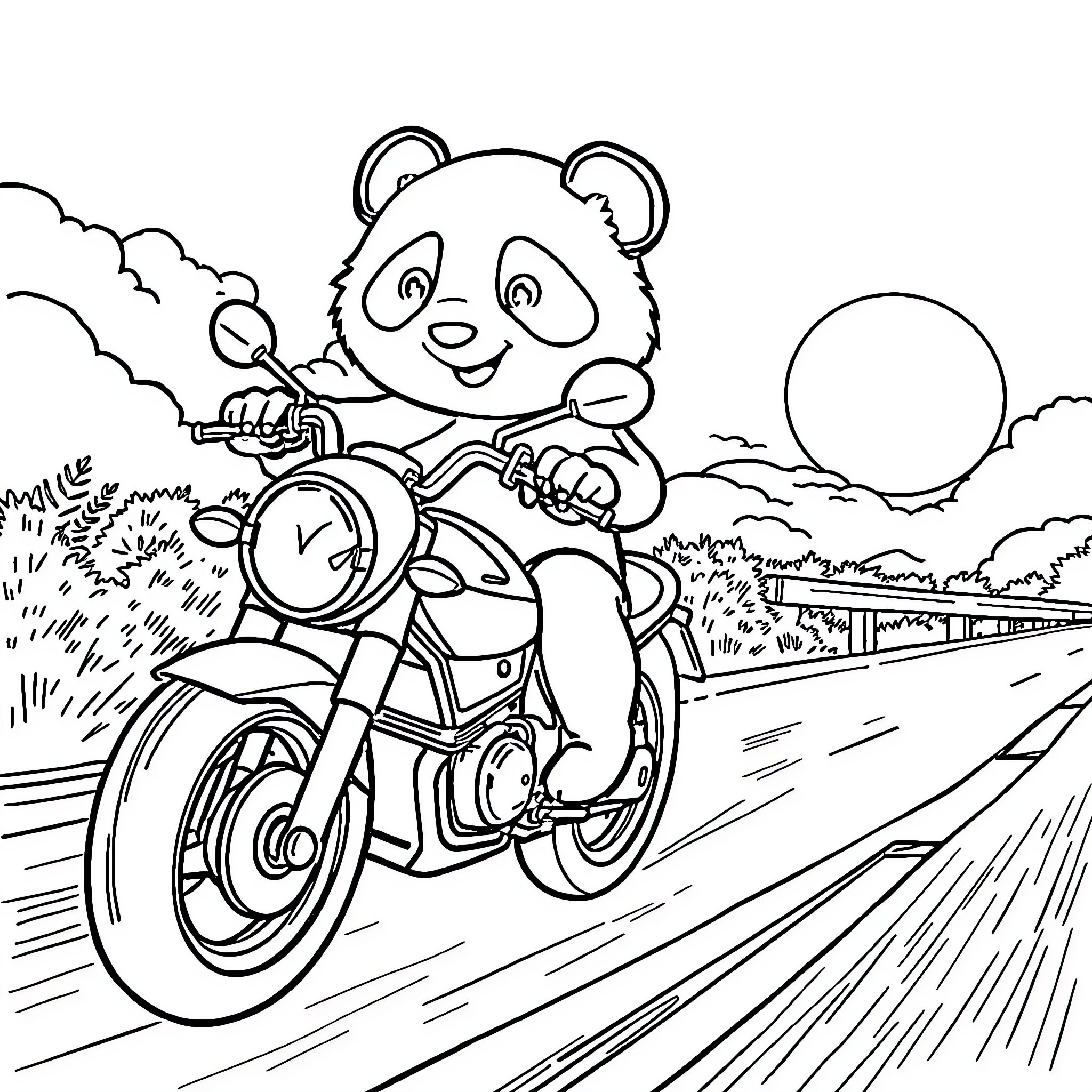 Panda riding a motorcycle in the countryside Coloring Page (free black-and-white line drawing printable PDF for all, from beginners to advanced learners, including children, teens, adults, and seniors)