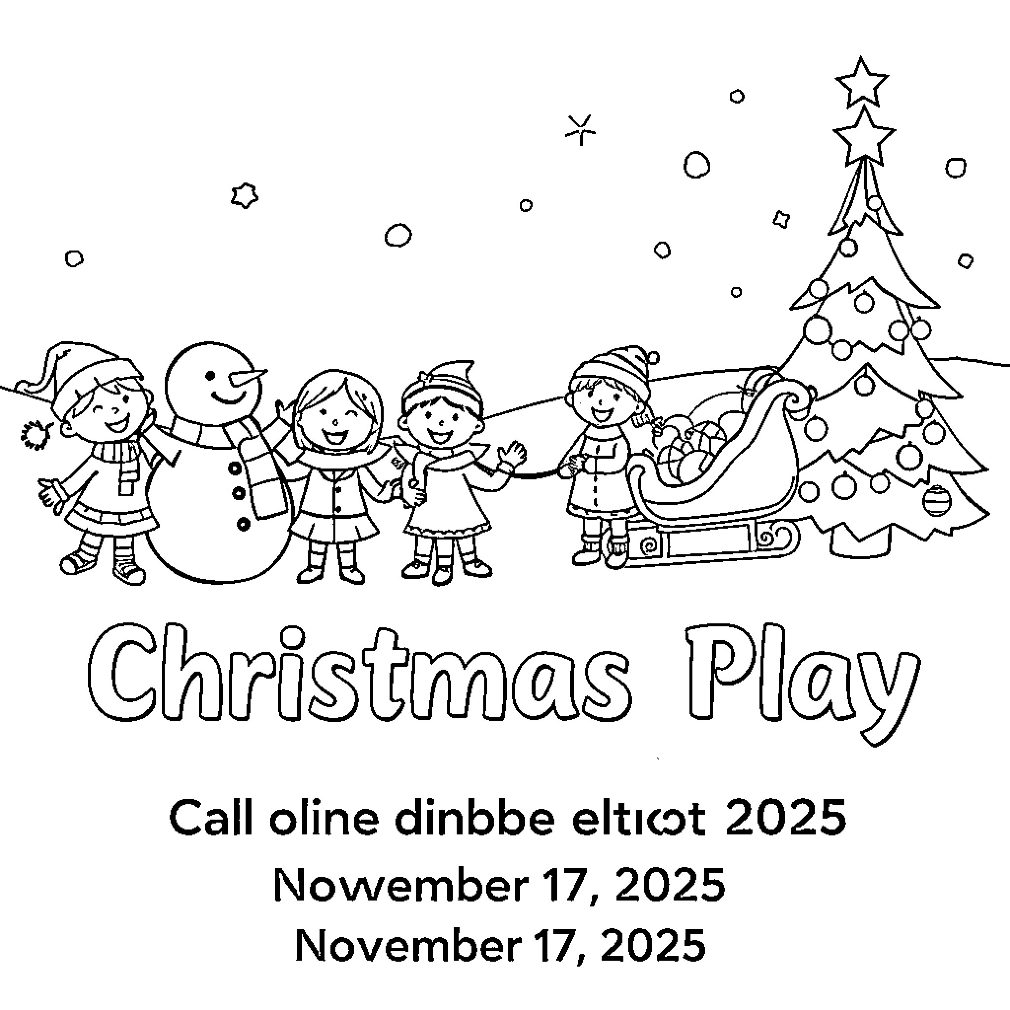 Christmas Fun with Children and Snowman Coloring Page (free black-and-white line drawing printable PDF for all, from beginners to advanced learners, including children, teens, adults, and seniors)