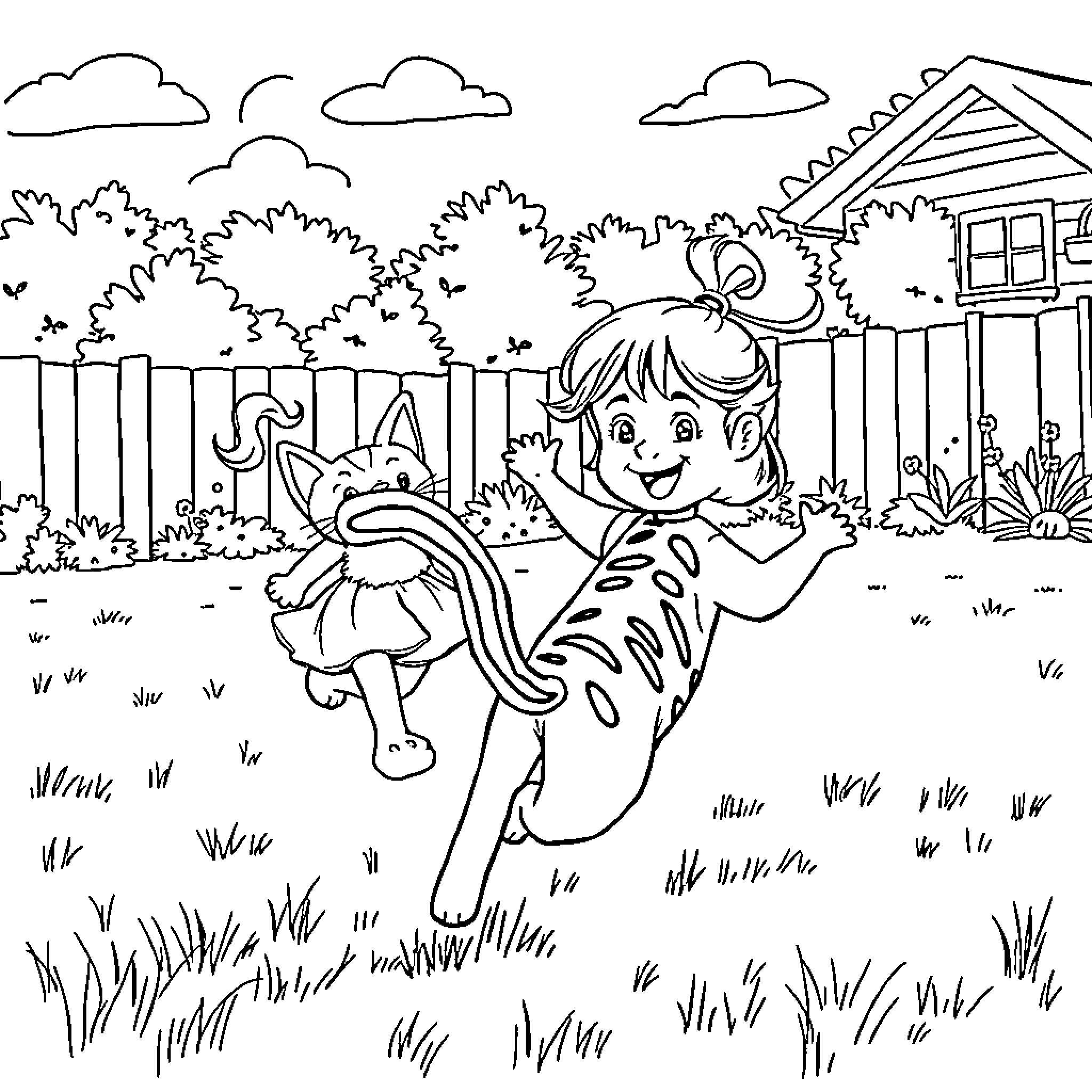 Cat Exploring the Backyard Adventure Coloring Page (free black-and-white line drawing printable PDF for all, from beginners to advanced learners, including children, teens, adults, and seniors)