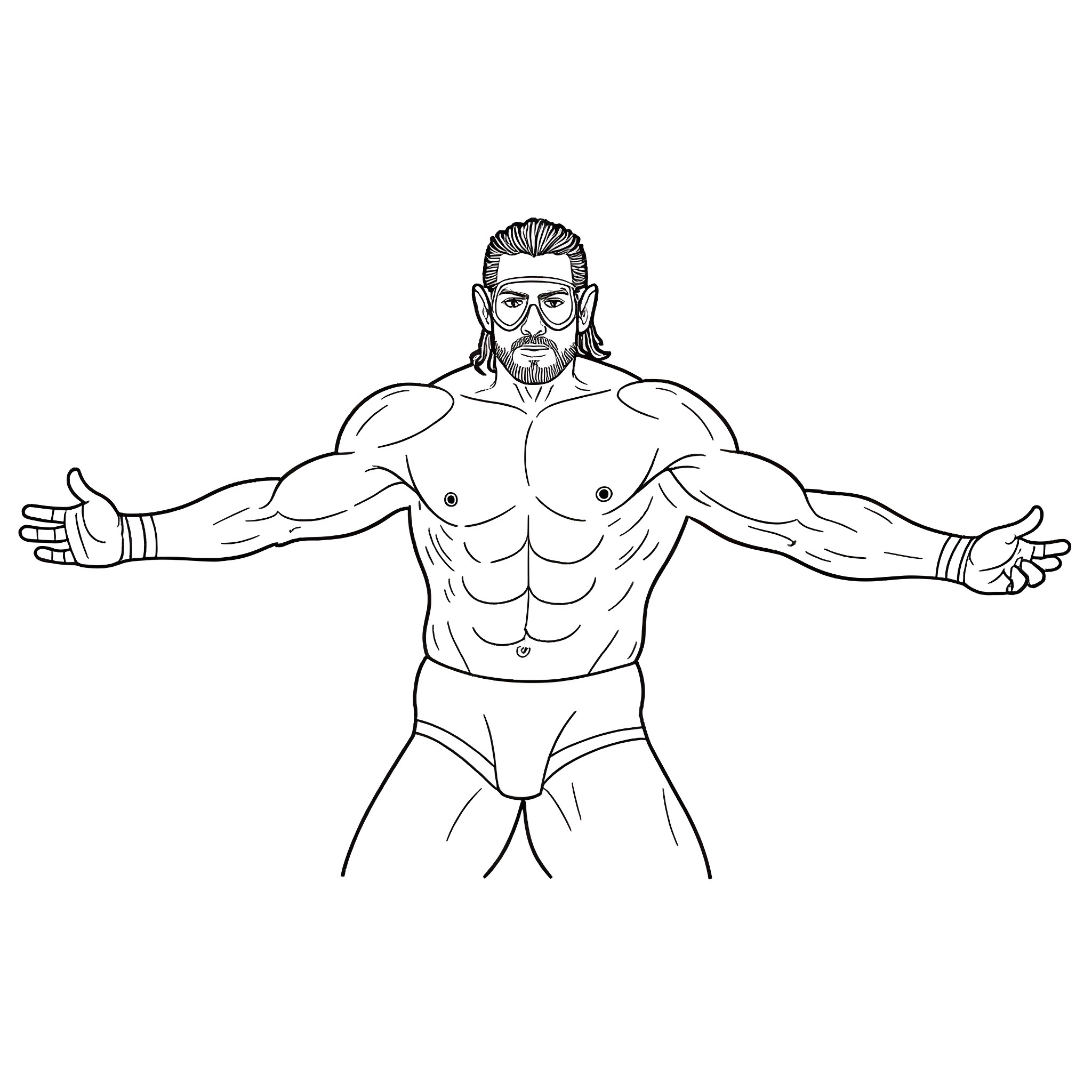 Wrestler in dramatic pose with muscular physique Coloring Page (free black-and-white line drawing printable PDF for all, from beginners to advanced learners, including children, teens, adults, and seniors)