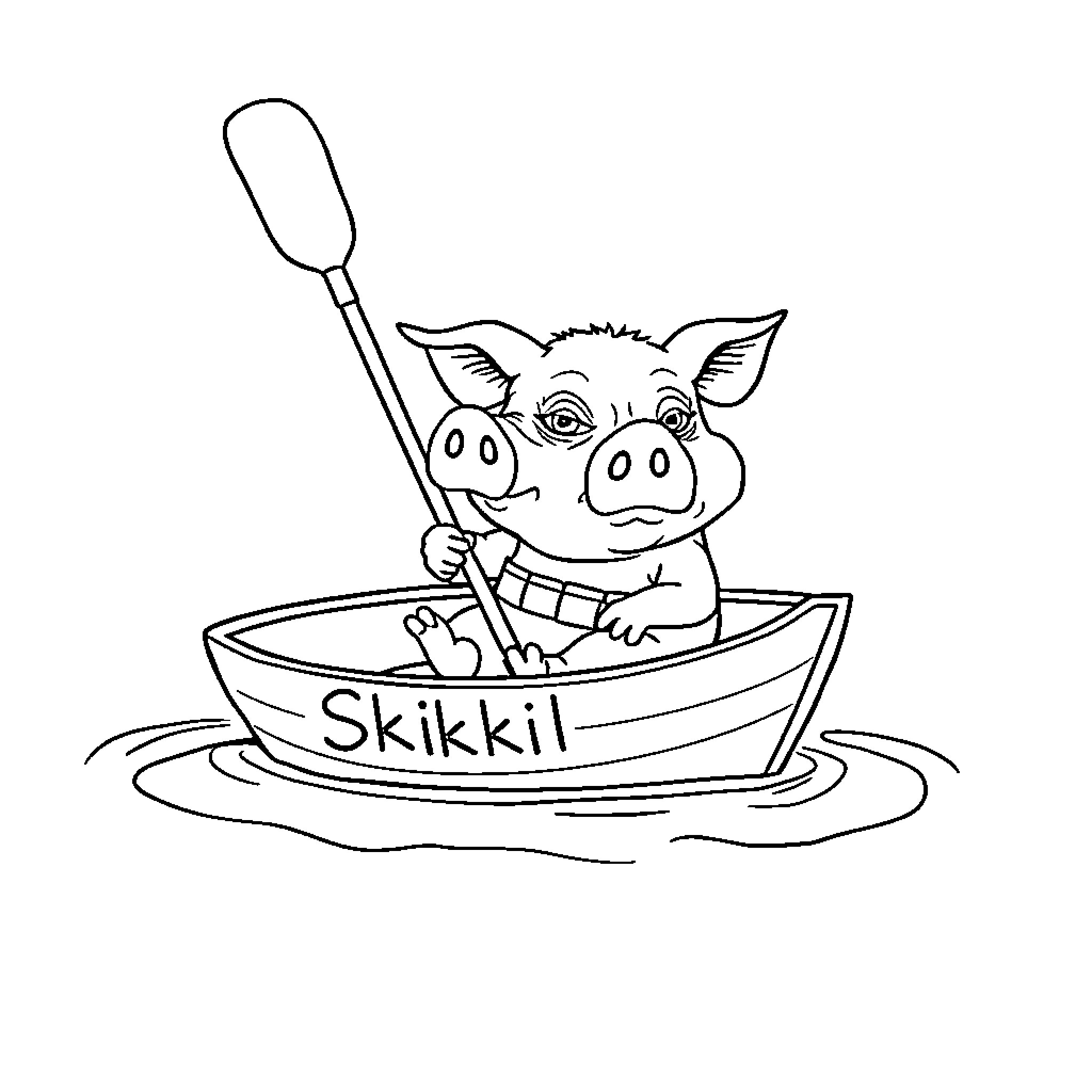 Pig paddling happily in a boat Coloring Page (free black-and-white line drawing printable PDF for all, from beginners to advanced learners, including children, teens, adults, and seniors)
