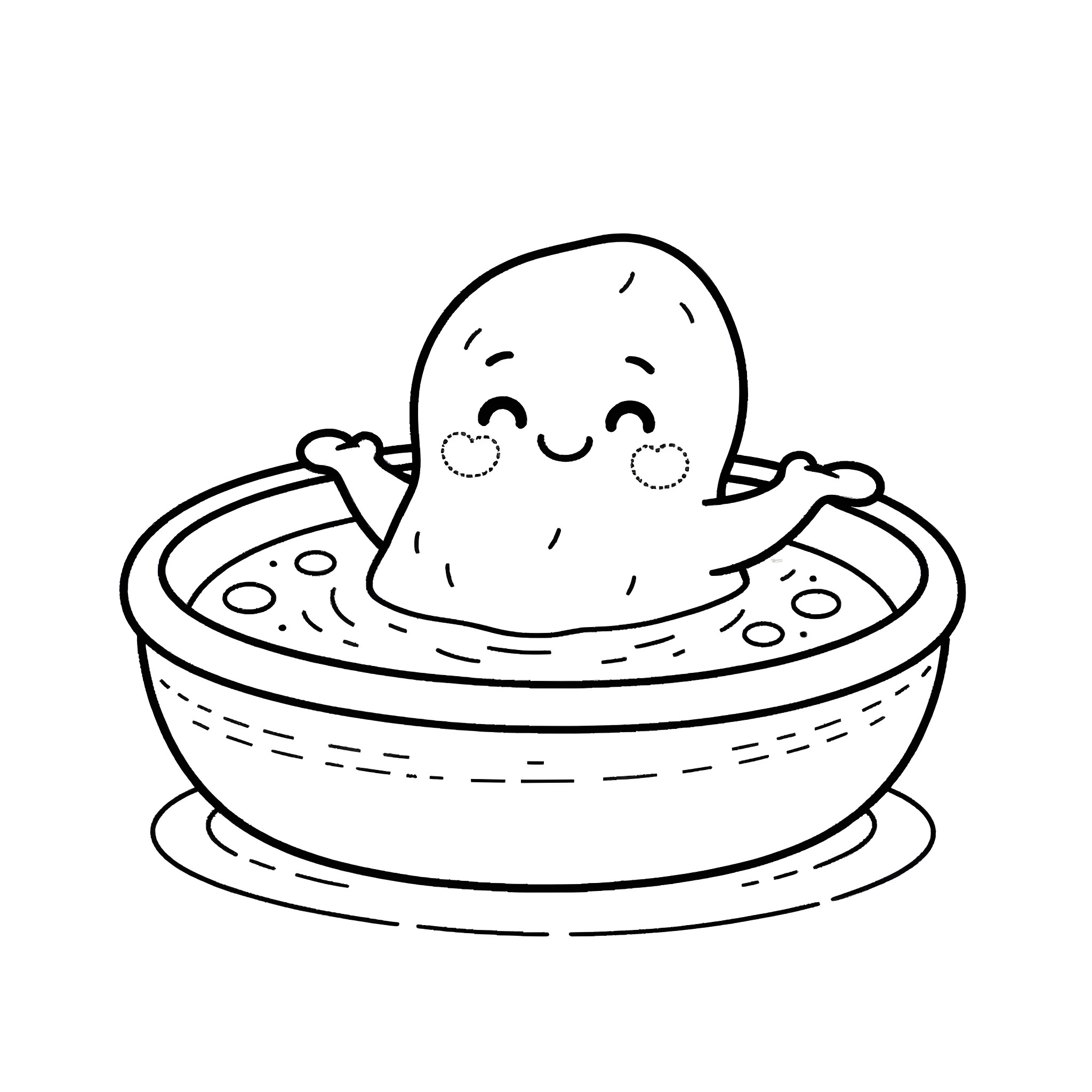 Potato enjoying a relaxing bath Coloring Page (free black-and-white line drawing printable PDF for all, from beginners to advanced learners, including children, teens, adults, and seniors)