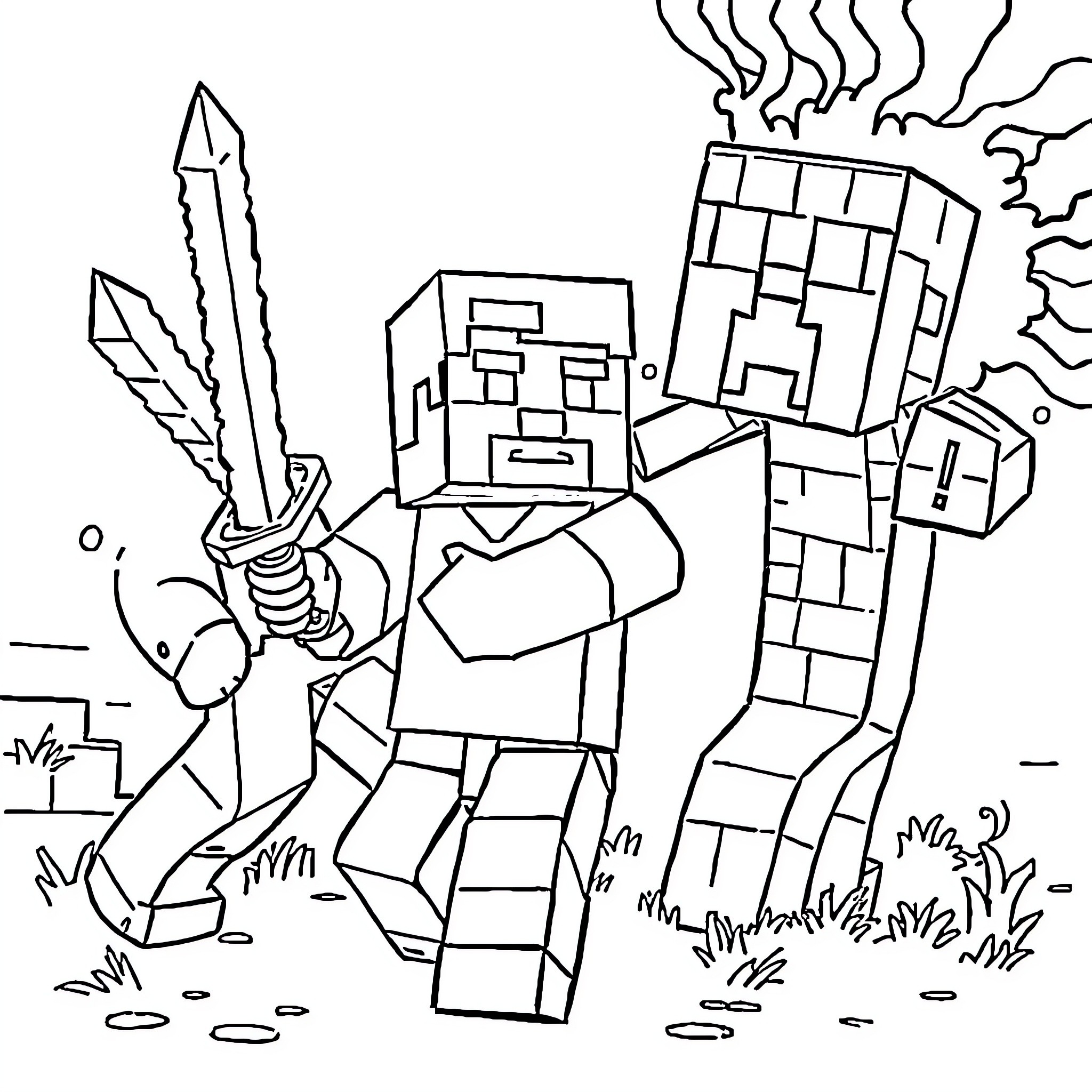 Steve's Minecraft Adventure with Sword and Monster Coloring Page (free black-and-white line drawing printable PDF for all, from beginners to advanced learners, including children, teens, adults, and seniors)