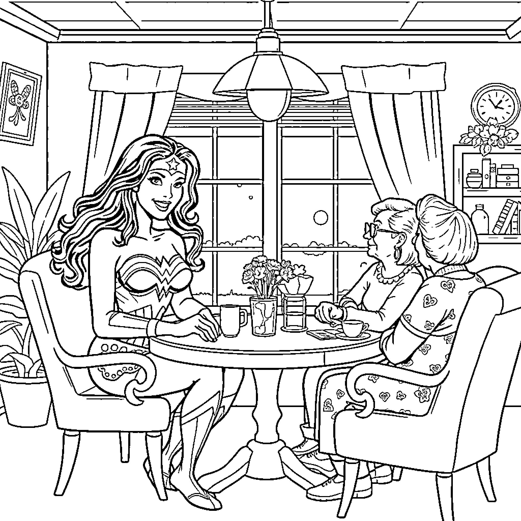 Wonder Woman Enjoying Tea with Friends Coloring Page (free black-and-white line drawing printable PDF for all, from beginners to advanced learners, including children, teens, adults, and seniors)