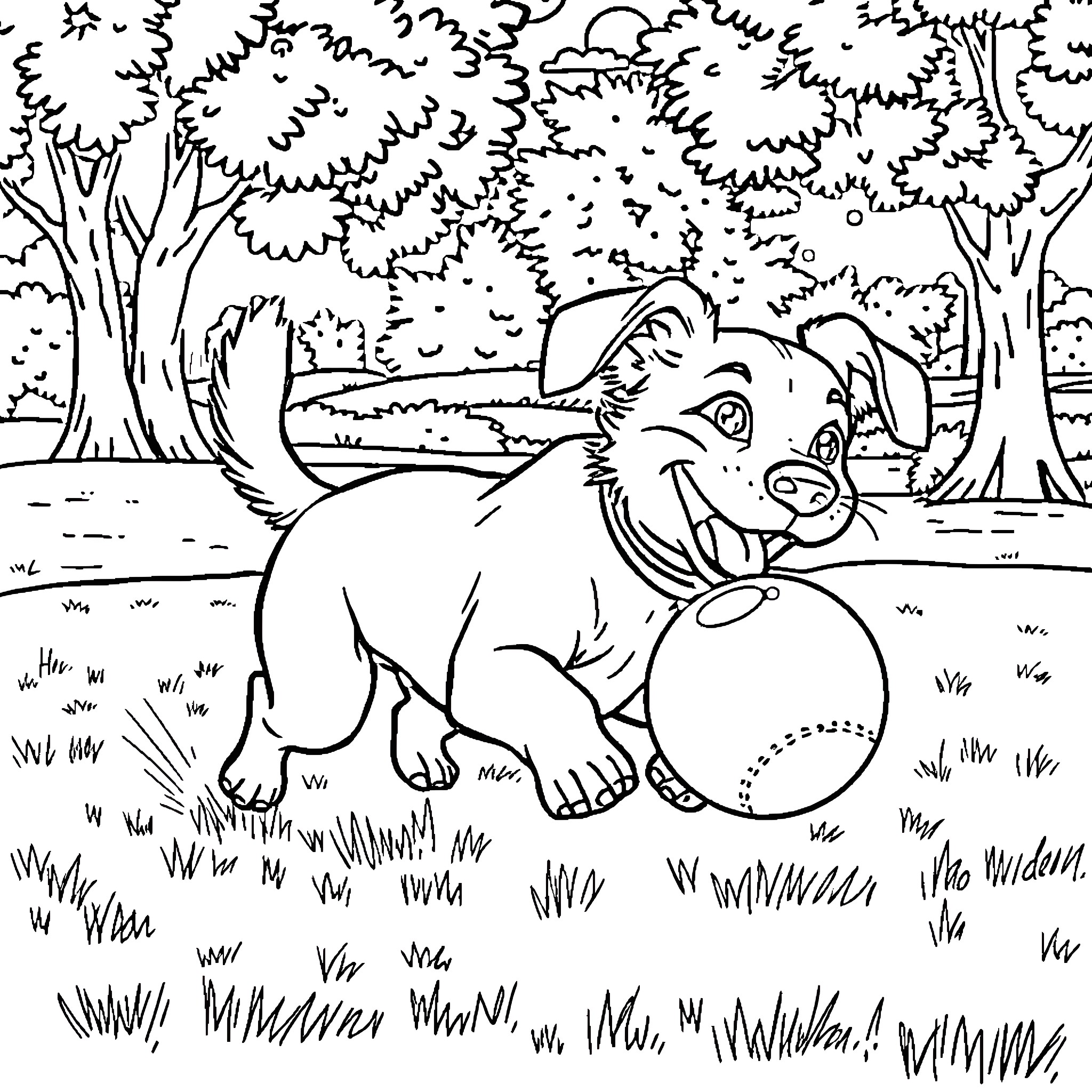 Dog playing joyfully with ball in lush forest Coloring Page (free black-and-white line drawing printable PDF for all, from beginners to advanced learners, including children, teens, adults, and seniors)