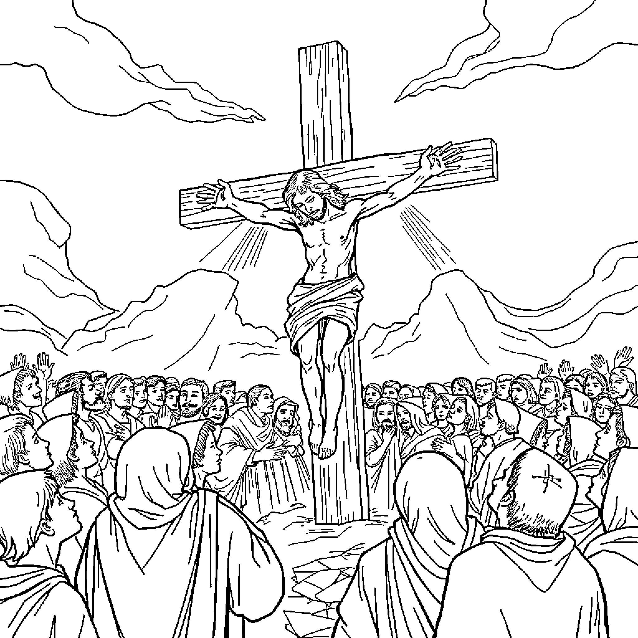 Crucifixion of a man on a cross surrounded by a crowd Coloring Page (free black-and-white line drawing printable PDF for all, from beginners to advanced learners, including children, teens, adults, and seniors)