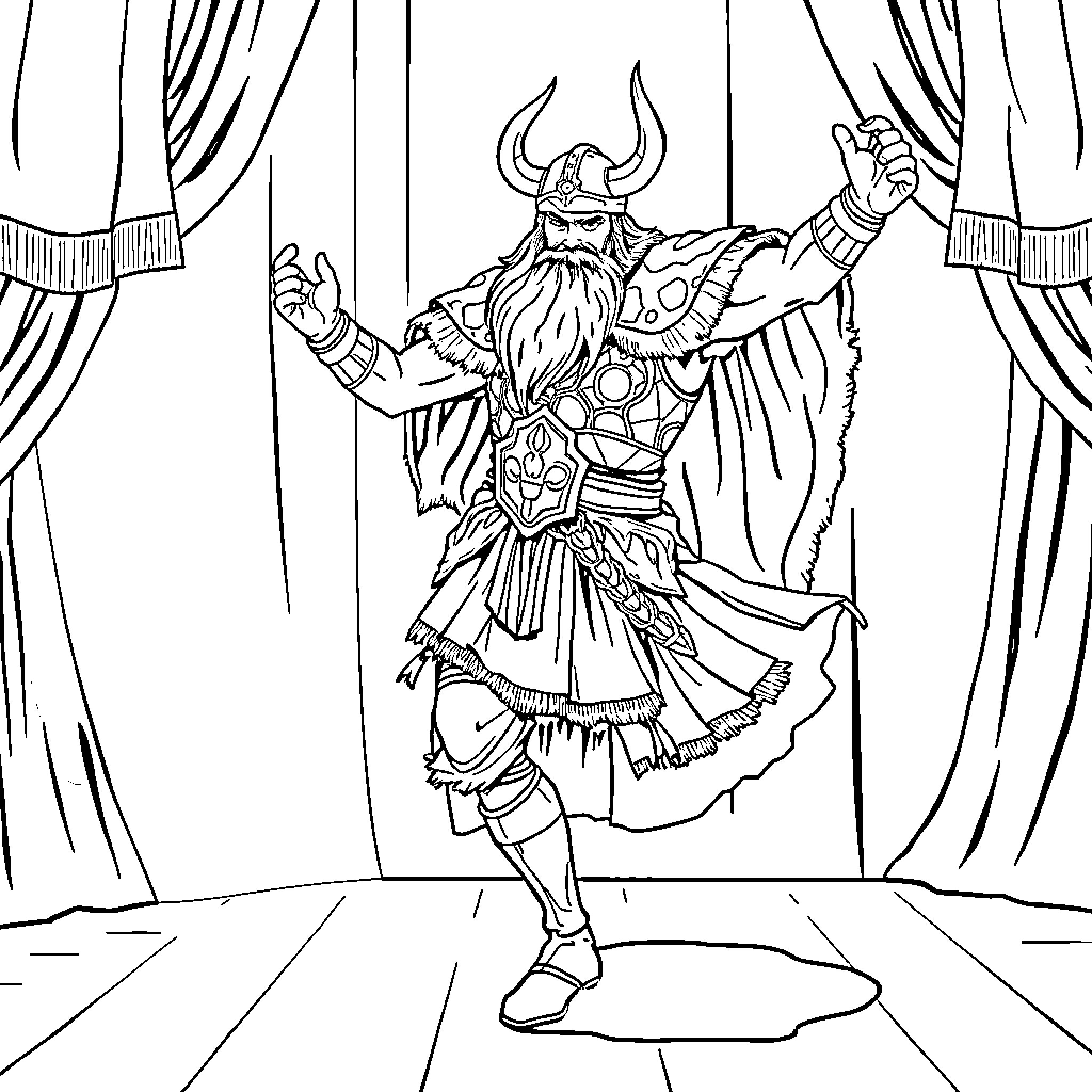 Viking Warrior's Dramatic Performance Coloring Page (free black-and-white line drawing printable PDF for all, from beginners to advanced learners, including children, teens, adults, and seniors)