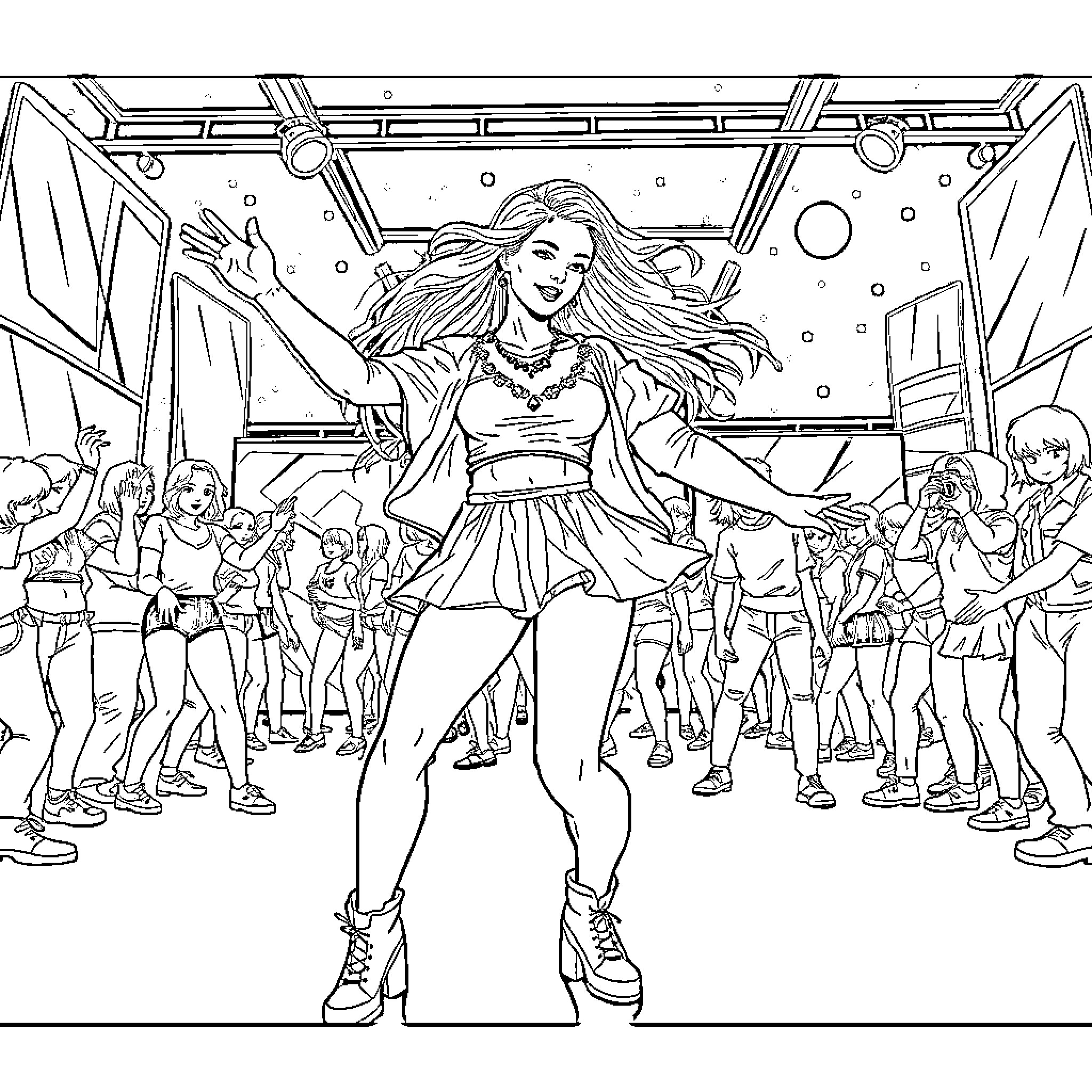 Aleyza's Vibrant Dance Performance Coloring Page (free black-and-white line drawing printable PDF for all, from beginners to advanced learners, including children, teens, adults, and seniors)