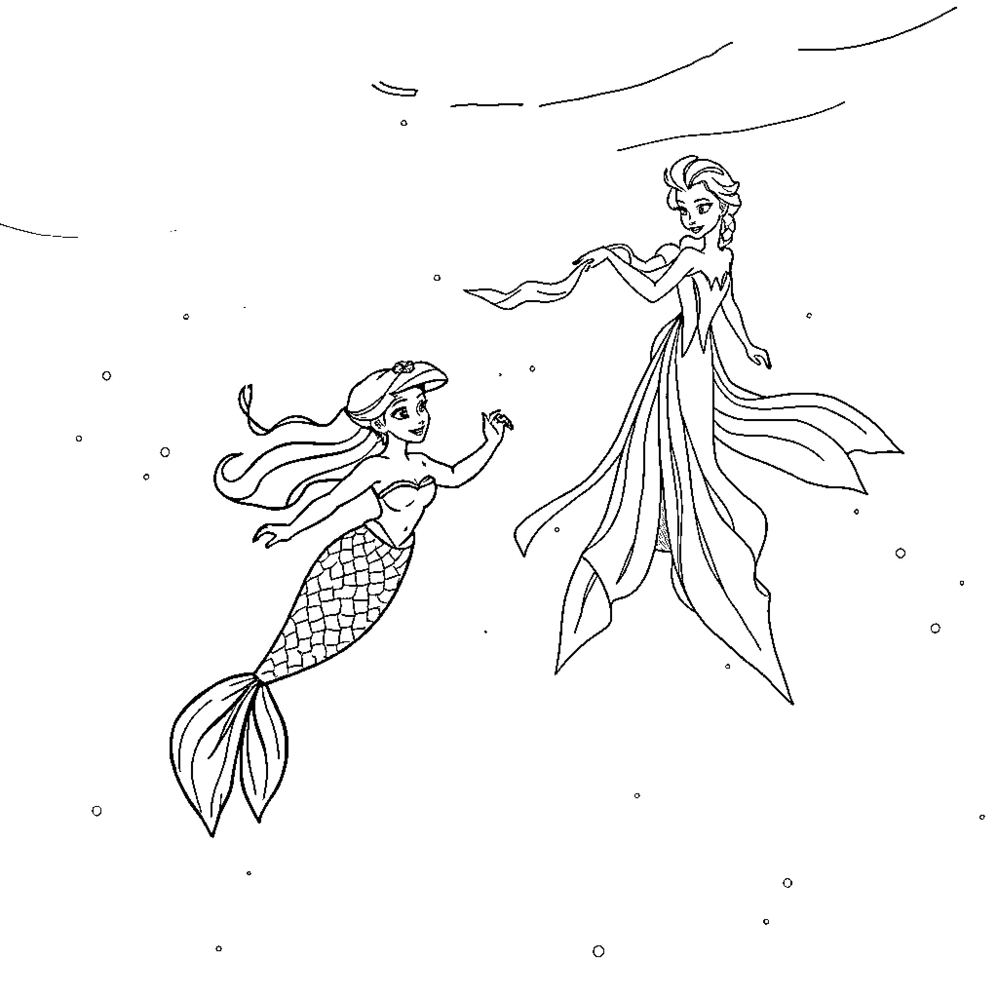 Ariel and Elsa swimming gracefully in the underwater world Coloring Page (free black-and-white line drawing printable PDF for all, from beginners to advanced learners, including children, teens, adults, and seniors)
