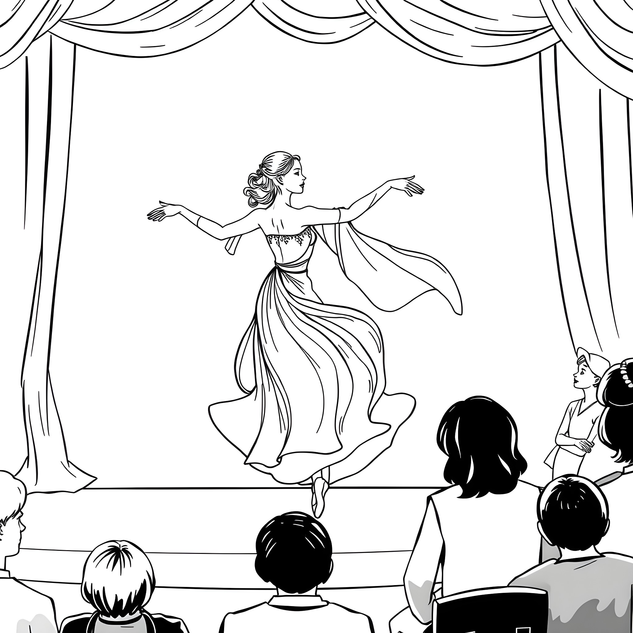 Graceful Dancer Captivates the Audience Coloring Page (free black-and-white line drawing printable PDF for all, from beginners to advanced learners, including children, teens, adults, and seniors)