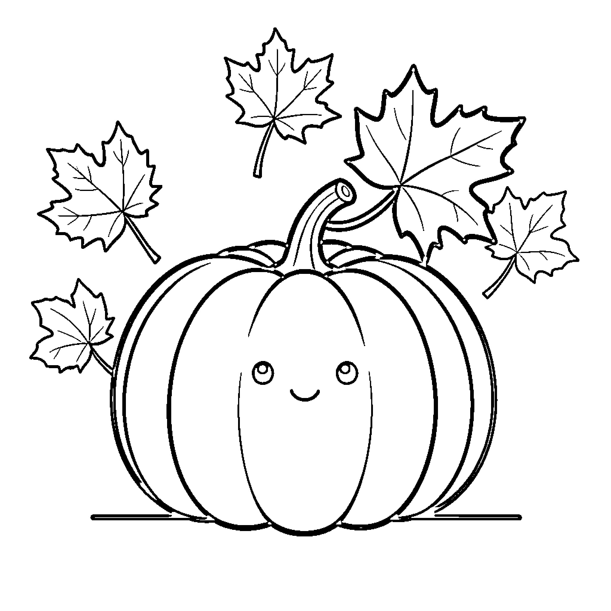 Pumpkin smiling happily surrounded by autumn leaves Coloring Page (free black-and-white line drawing printable PDF for all, from beginners to advanced learners, including children, teens, adults, and seniors)