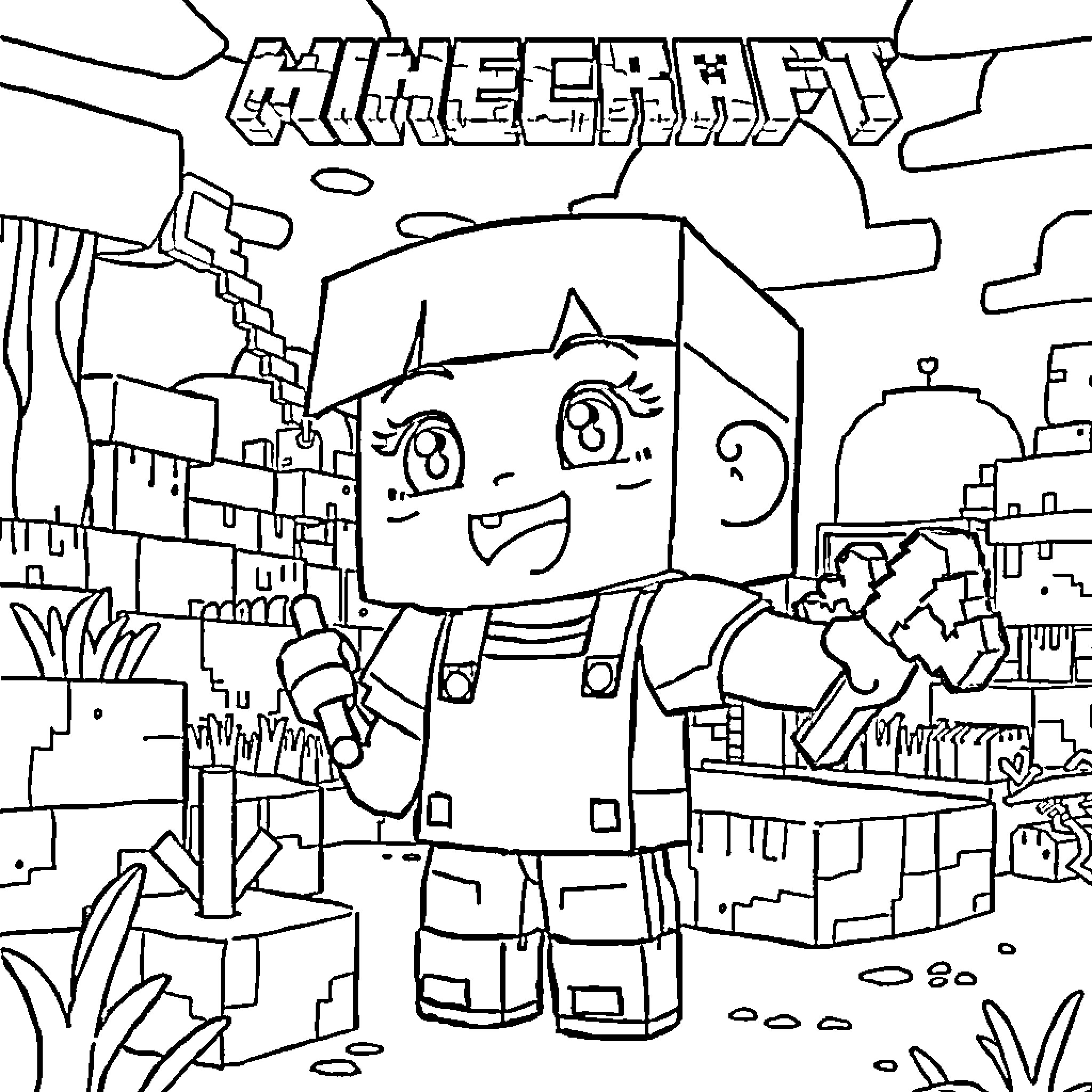 Minecraft character exploring the blocky landscape Coloring Page (free black-and-white line drawing printable PDF for all, from beginners to advanced learners, including children, teens, adults, and seniors)