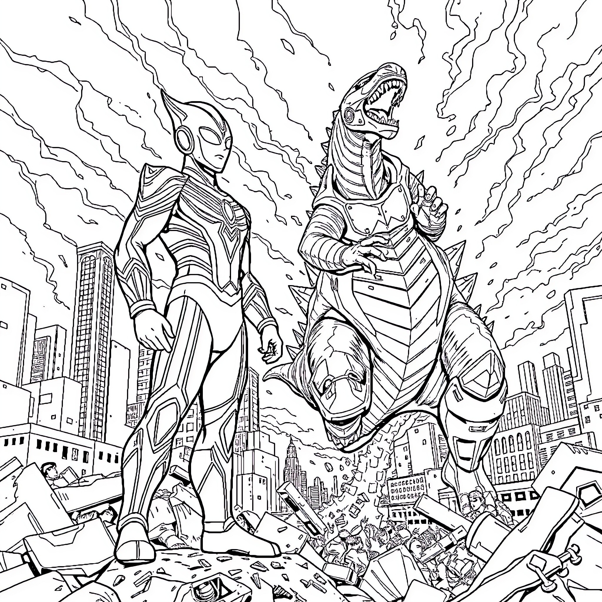Ultraman battles a monstrous foe in the city Coloring Page (free black-and-white line drawing printable PDF for all, from beginners to advanced learners, including children, teens, adults, and seniors)