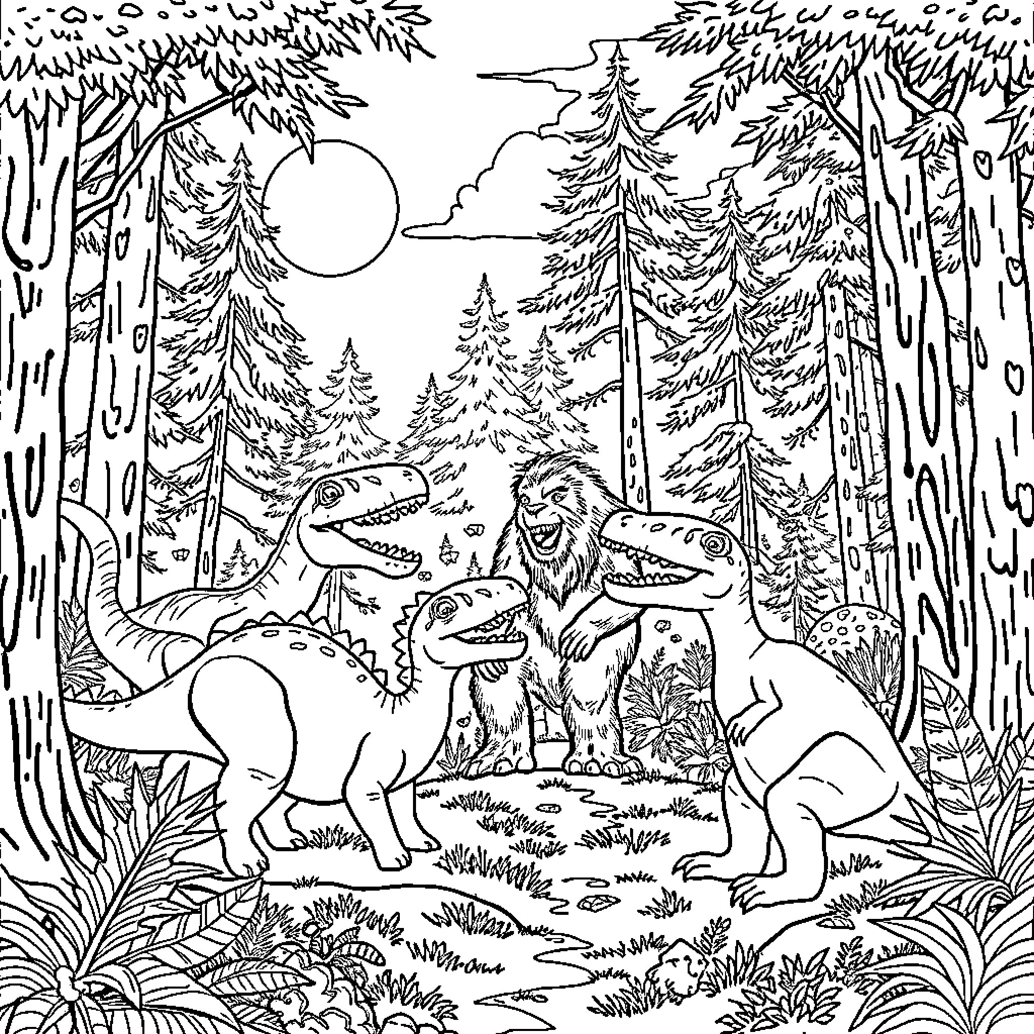 Dinosaur family in the forest clearing Coloring Page (free black-and-white line drawing printable PDF for all, from beginners to advanced learners, including children, teens, adults, and seniors)