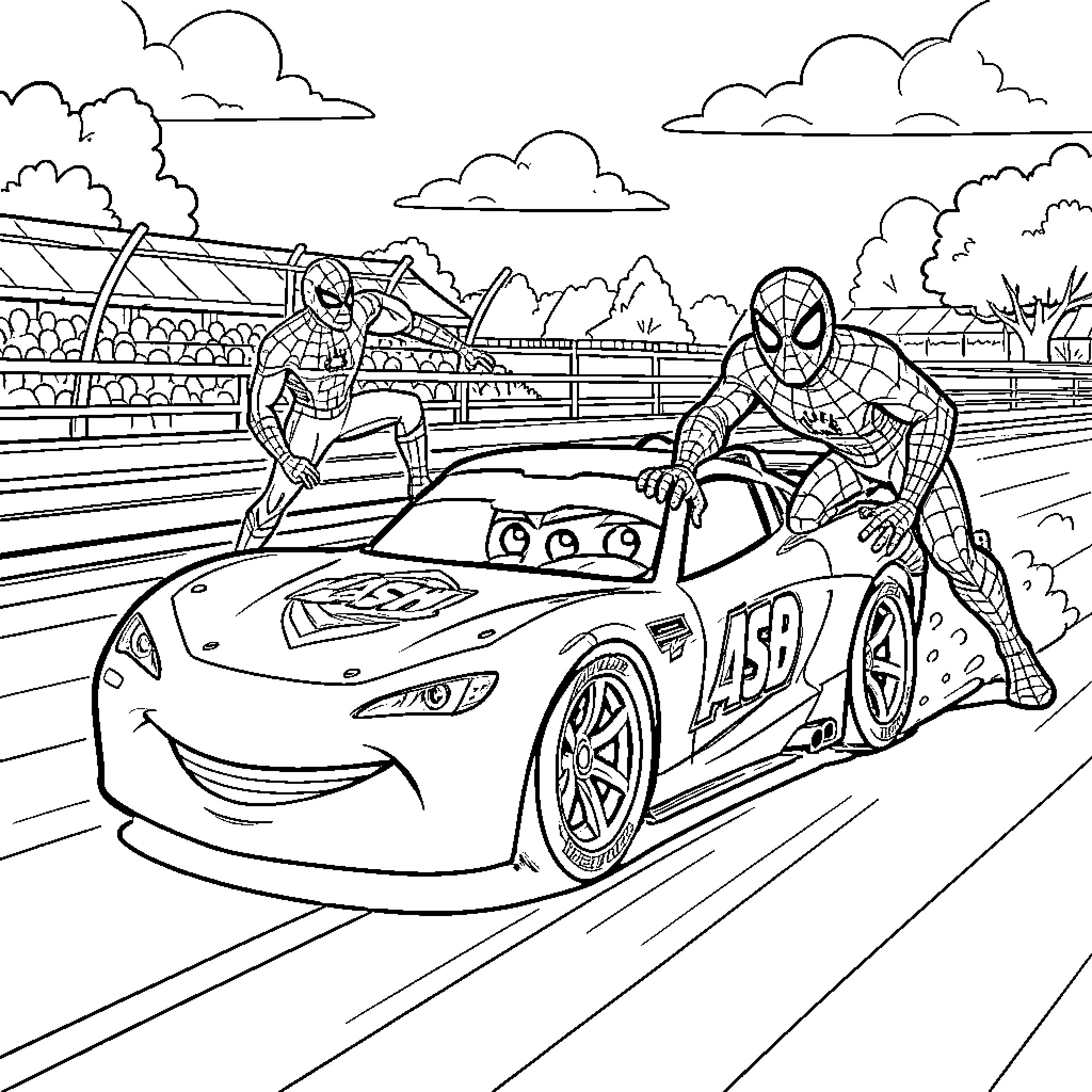 Flash Spider-Man racing alongside a fast talking car Coloring Page (free black-and-white line drawing printable PDF for all, from beginners to advanced learners, including children, teens, adults, and seniors)