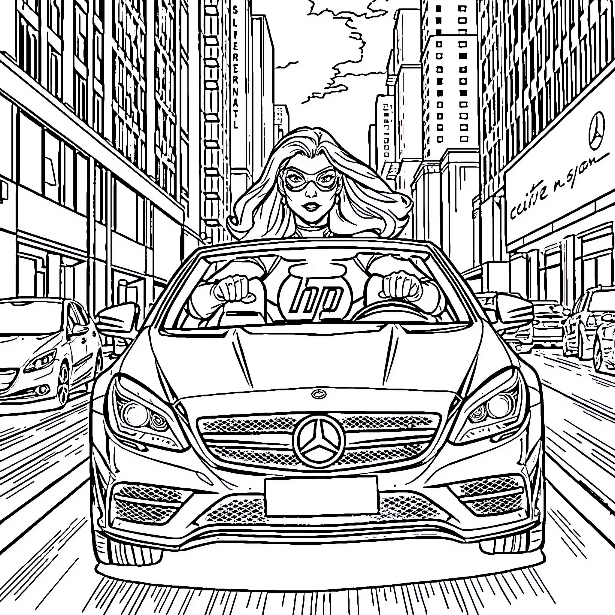 Superhero Heroine Driving Luxury Car in Bustling City Coloring Page (free black-and-white line drawing printable PDF for all, from beginners to advanced learners, including children, teens, adults, and seniors)
