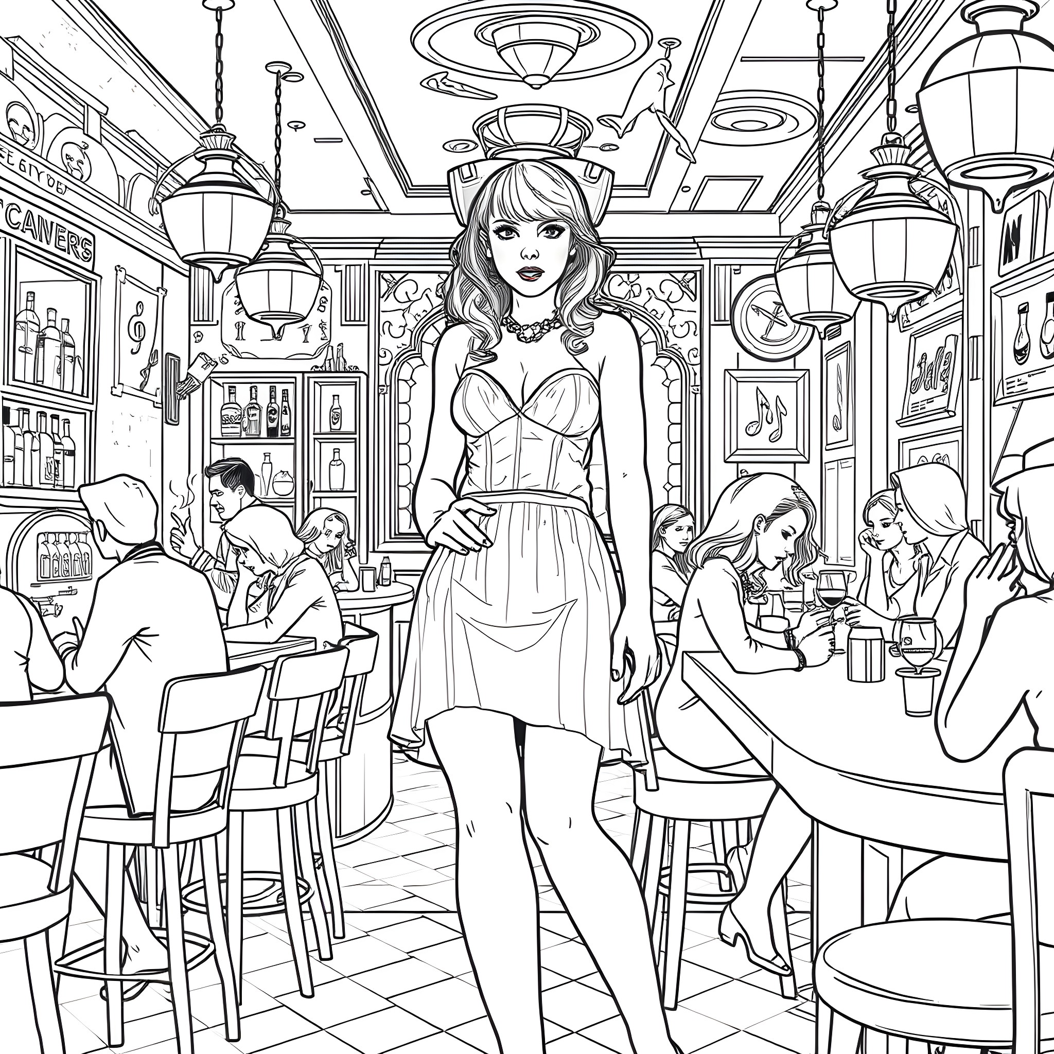 Taylor Swift Posing in a Stylish Cafe Interior Coloring Page (free black-and-white line drawing printable PDF for all, from beginners to advanced learners, including children, teens, adults, and seniors)