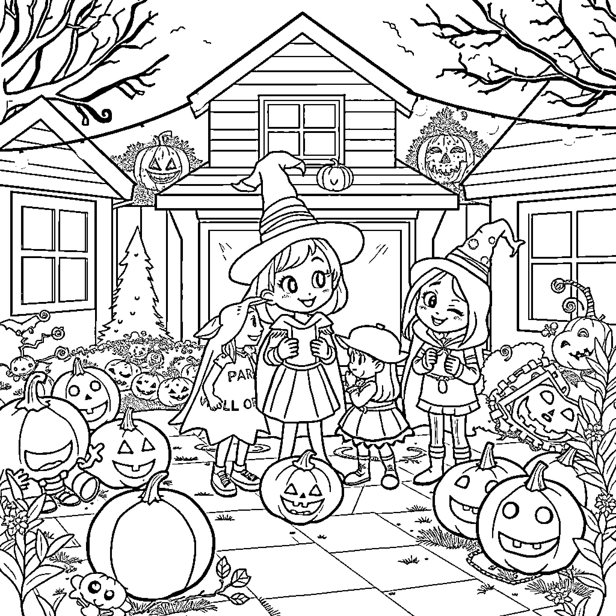 Bluey and friends celebrate Halloween in the spooky neighborhood Coloring Page (free black-and-white line drawing printable PDF for all, from beginners to advanced learners, including children, teens, adults, and seniors)