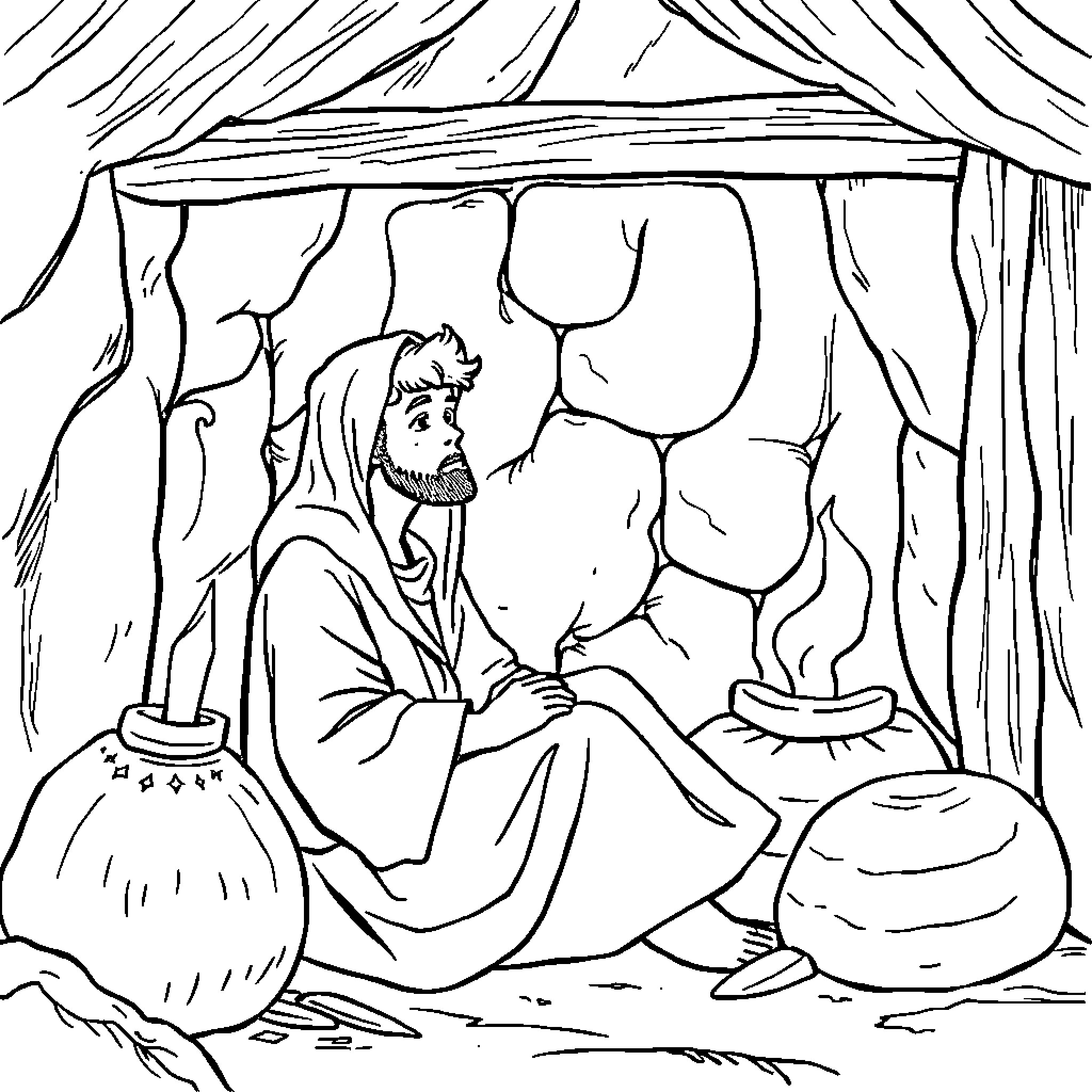 Samuel's Contemplative Solitude in the Desert Coloring Page (free black-and-white line drawing printable PDF for all, from beginners to advanced learners, including children, teens, adults, and seniors)