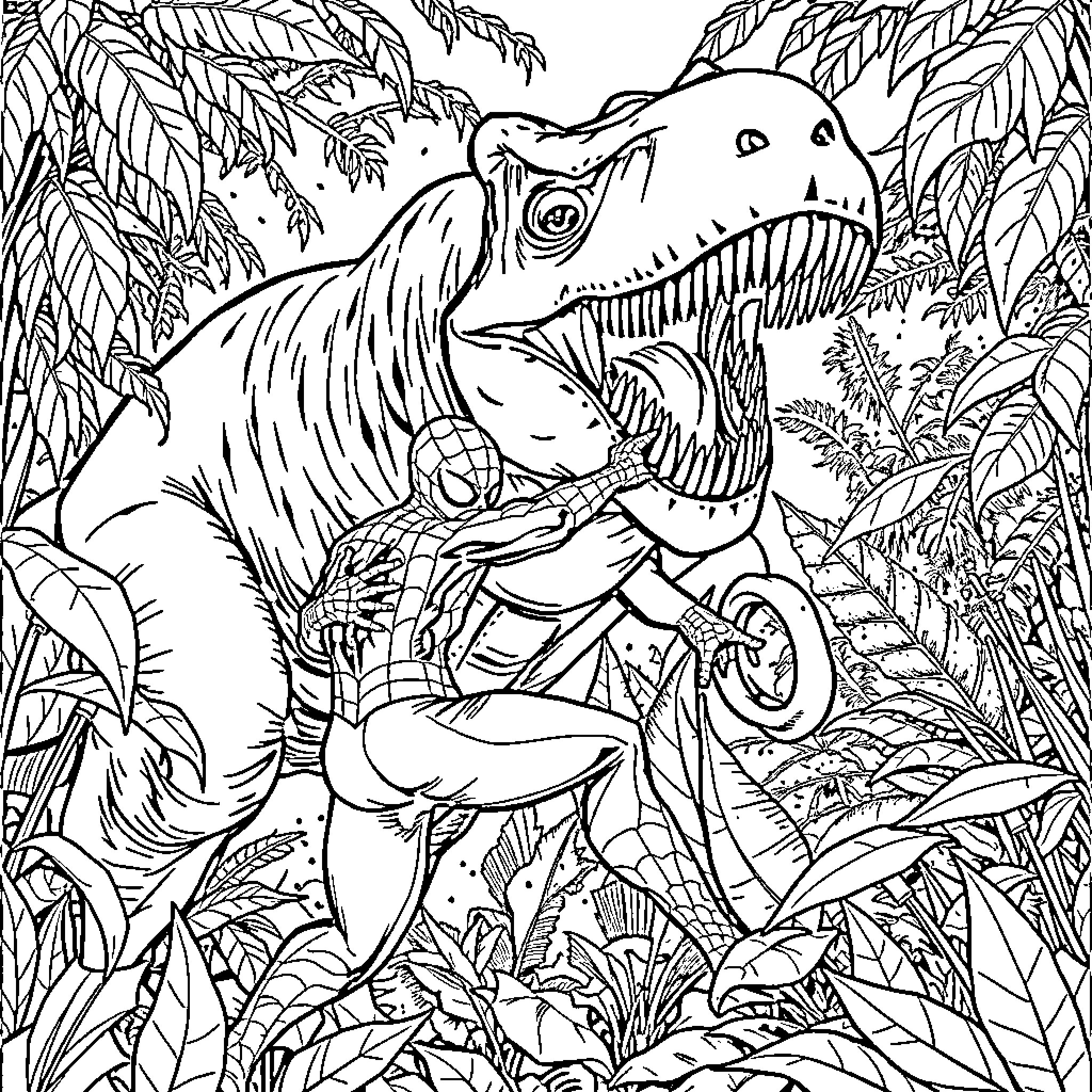 Spiderman battles a fierce jungle dinosaur Coloring Page (free black-and-white line drawing printable PDF for all, from beginners to advanced learners, including children, teens, adults, and seniors)